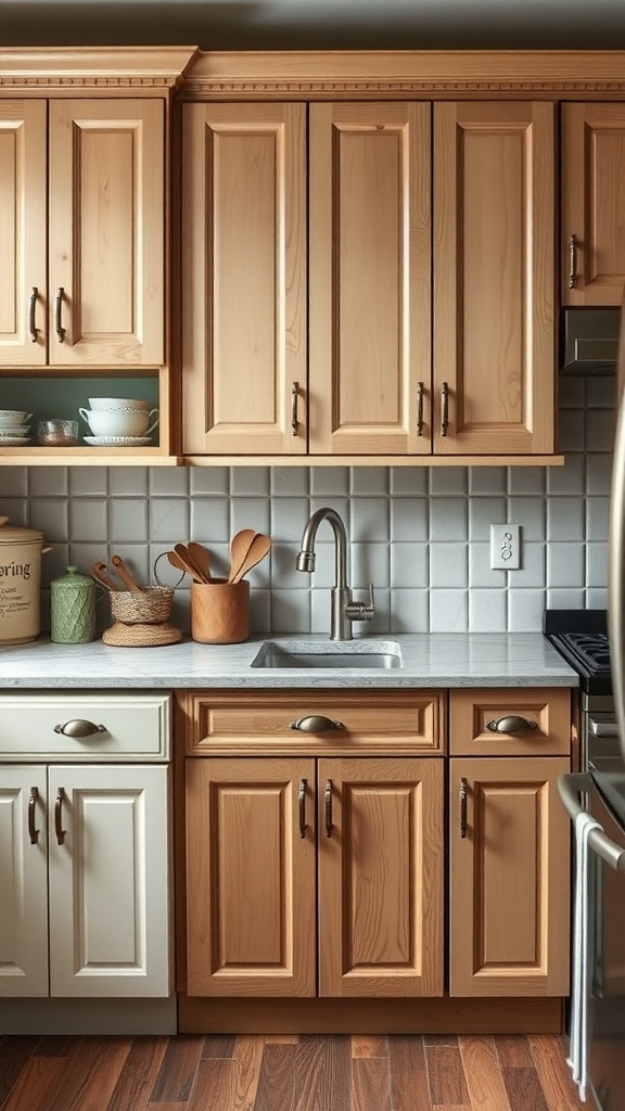 A kitchen with wooden and white cabinets featuring mixed cabinet hardware styles.