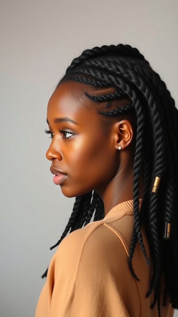 A profile view of a woman with Marley twists, showcasing the hairstyle's length and texture.