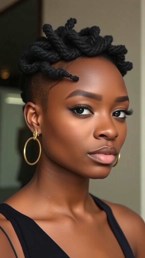 A model showcasing short Marley twist hairstyle with hoop earrings.