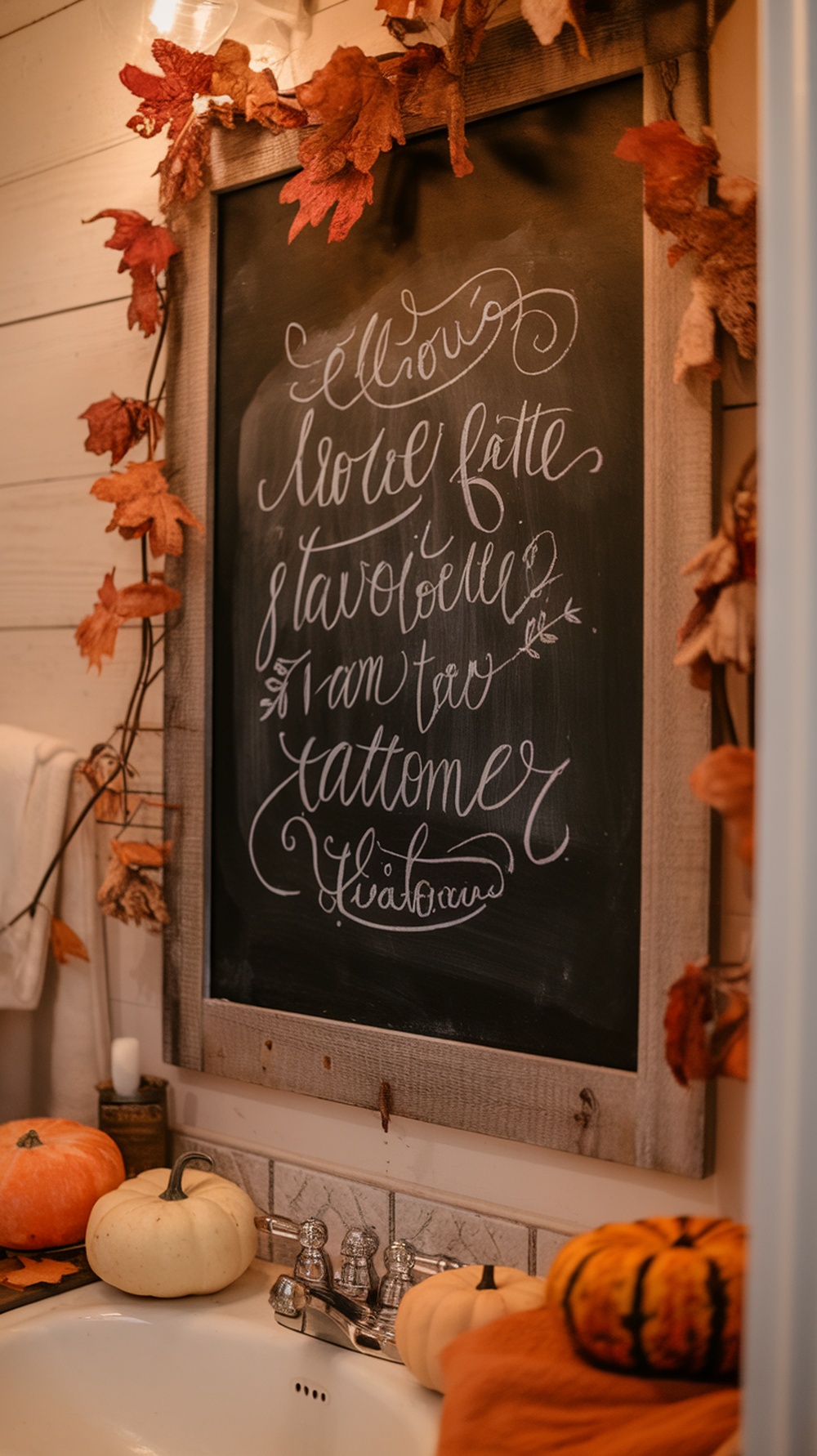 Chalkboard art with a fall theme in a bathroom, surrounded by pumpkins and autumn leaves.