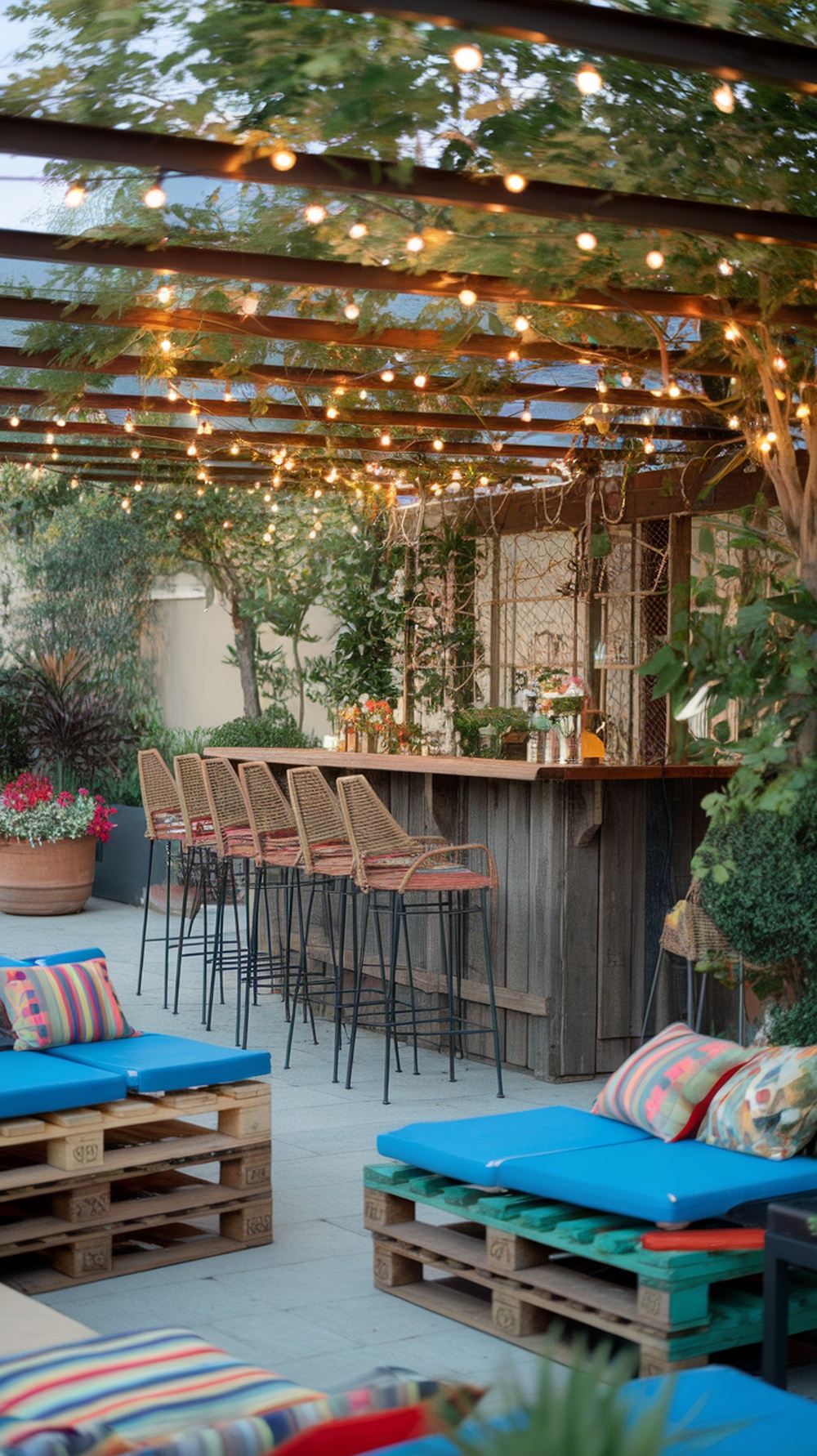 An outdoor bar area with stylish seating, string lights, and greenery.