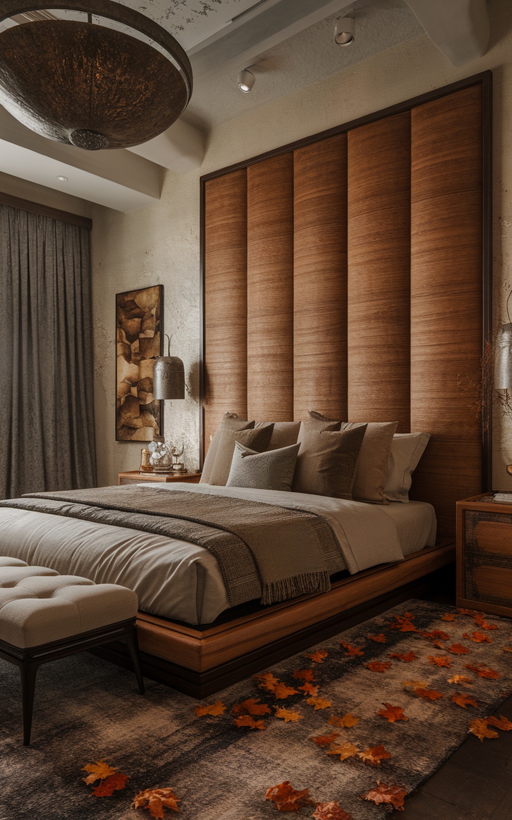 A chic bedroom blending modern and rustic elements with warm tones and autumn leaves.