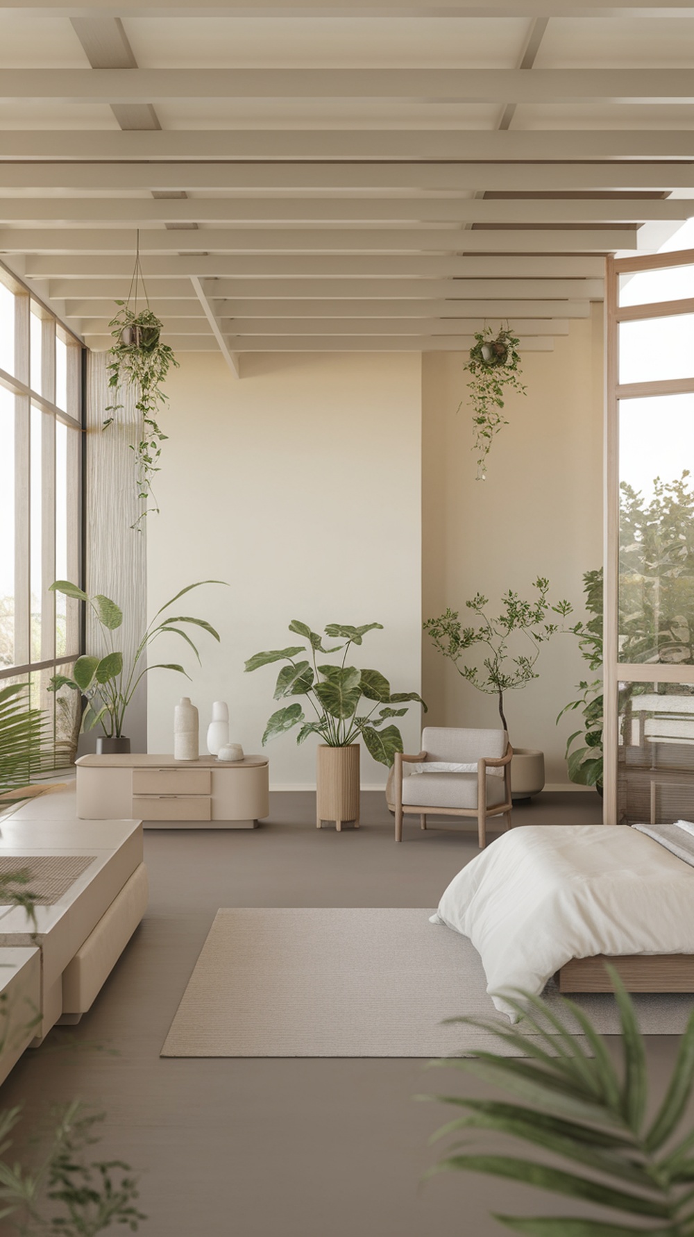 A modern luxury bedroom with large windows, plants, and neutral decor.