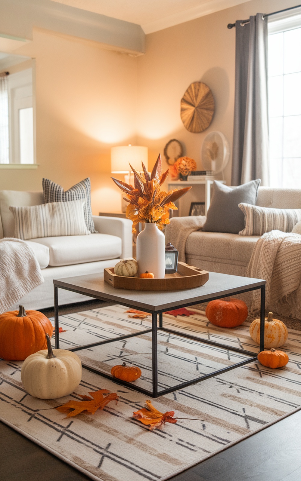 A cozy living room featuring a minimalist area rug, pumpkins, and autumn decor.