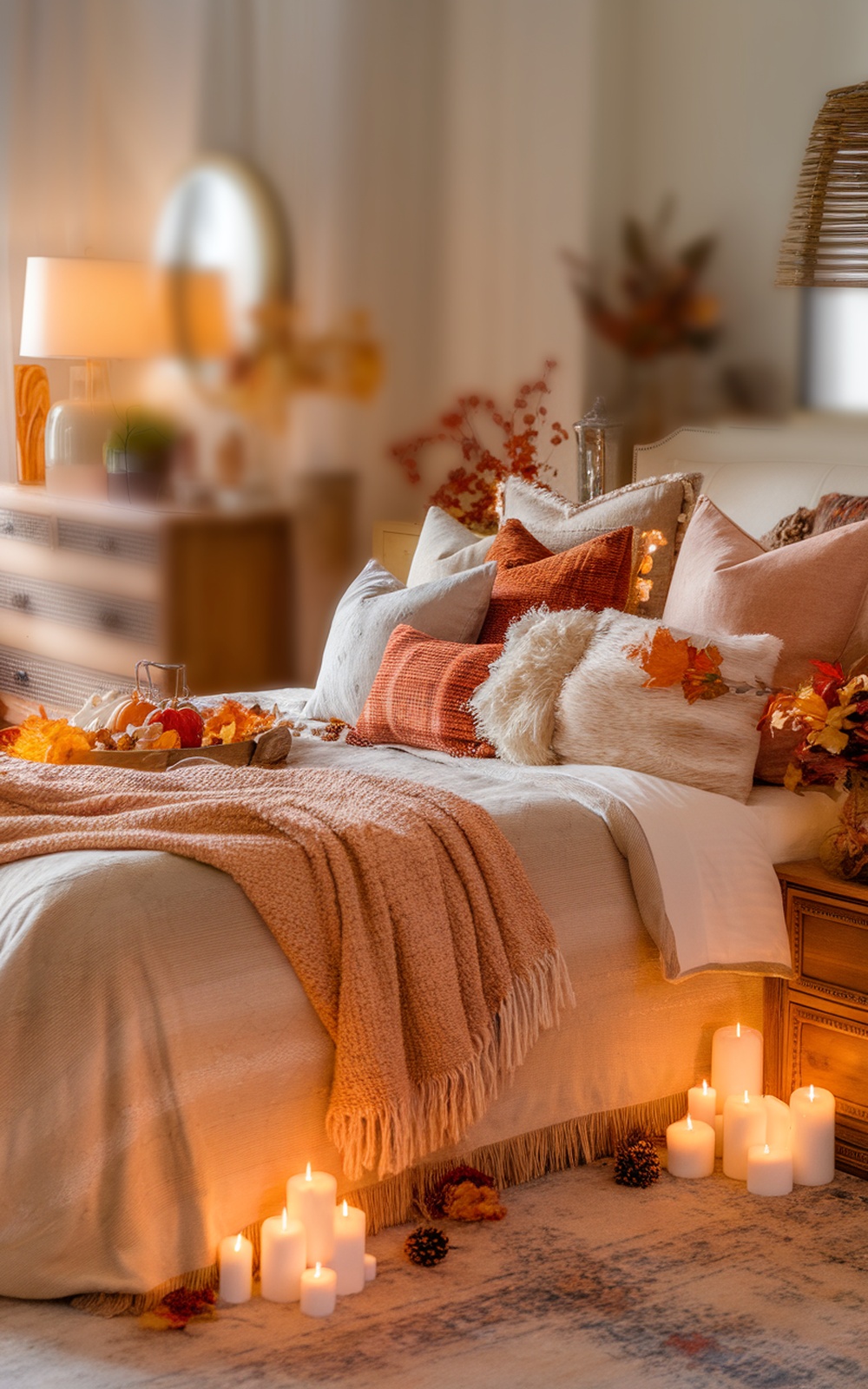 A cozy fall bedroom decor featuring a neatly styled bed with warm blankets, pillows, and candles.
