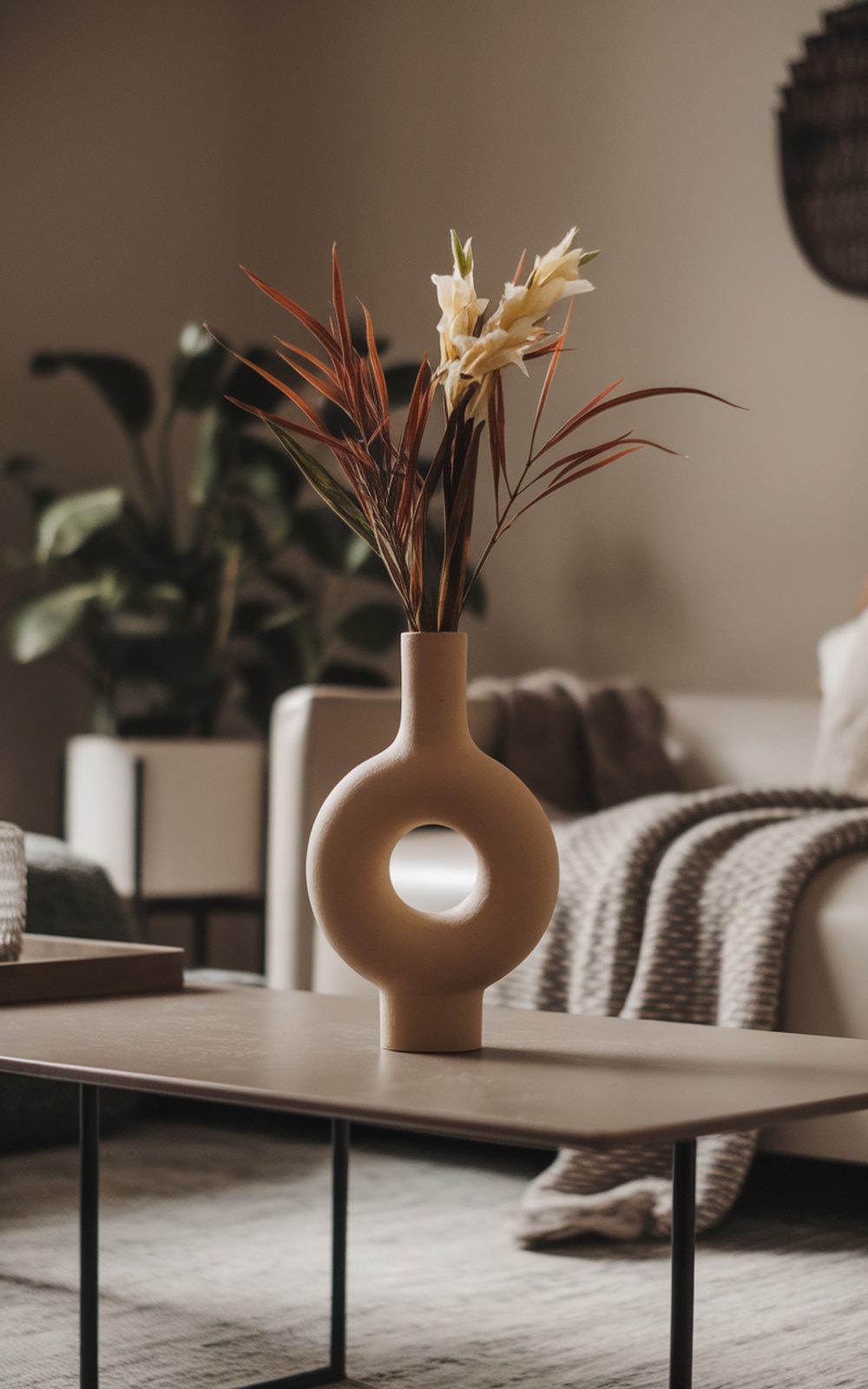 A modern sculptural vase with a circular cutout, holding flowers, placed on a coffee table in a cozy living room setting.