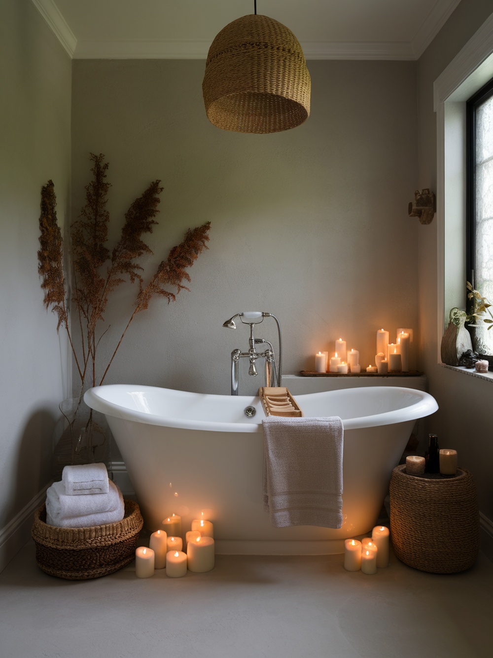 A cozy bathroom with a freestanding tub, candles, and natural decor elements.