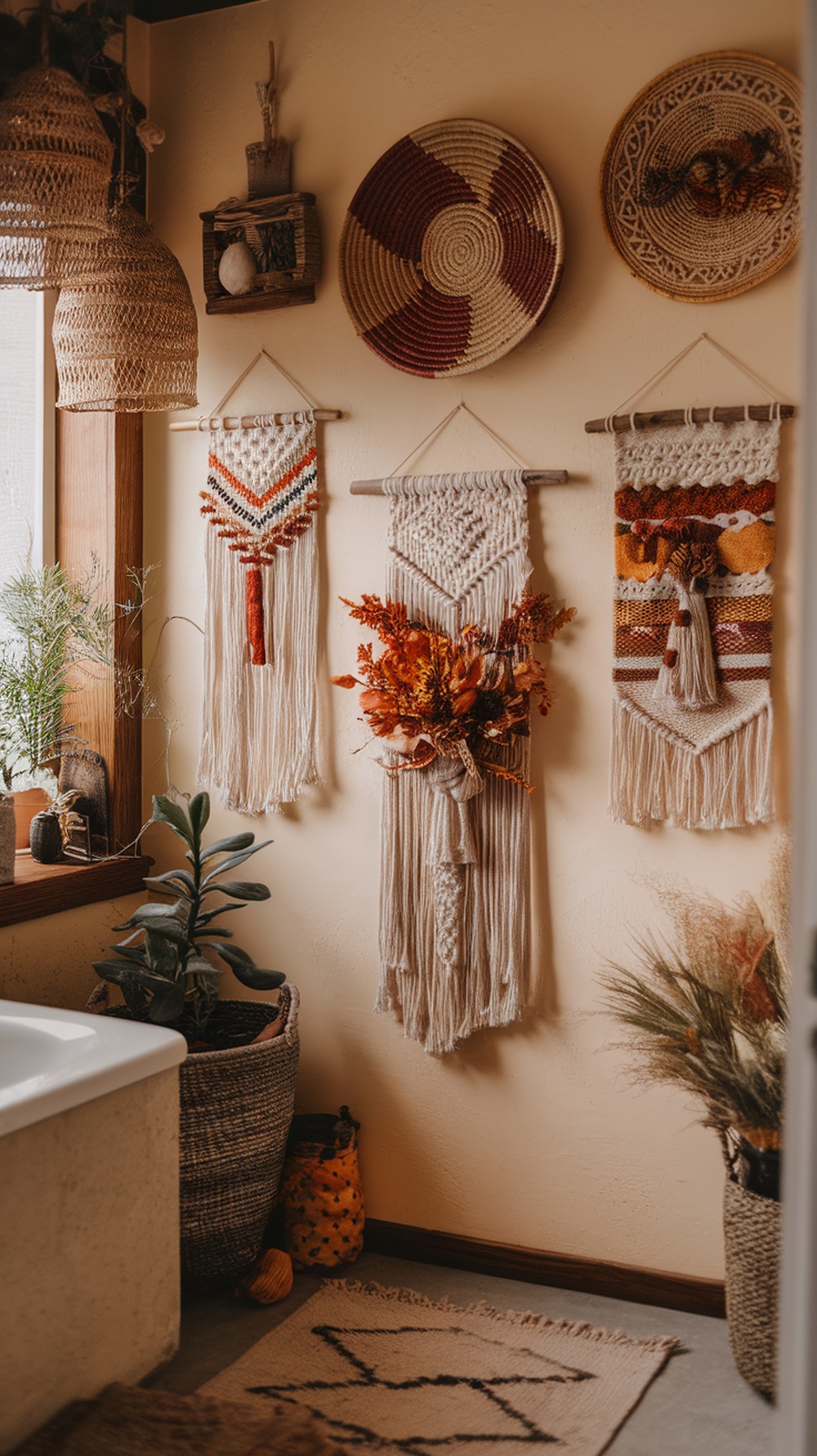 A cozy bathroom with macramé wall hangings and woven decor in fall colors.
