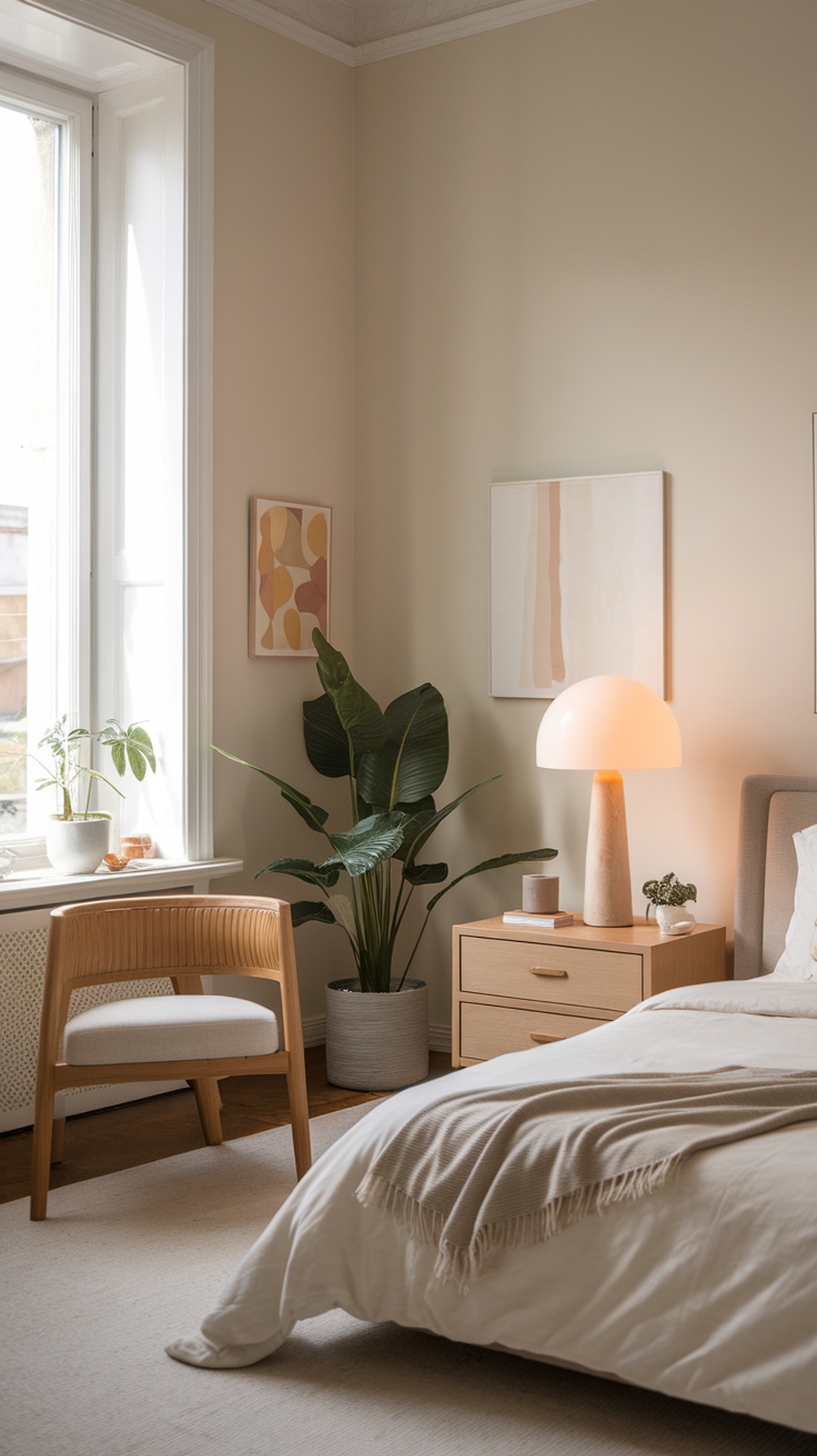 A modern luxury bedroom featuring minimalist decor, natural light, and greenery.