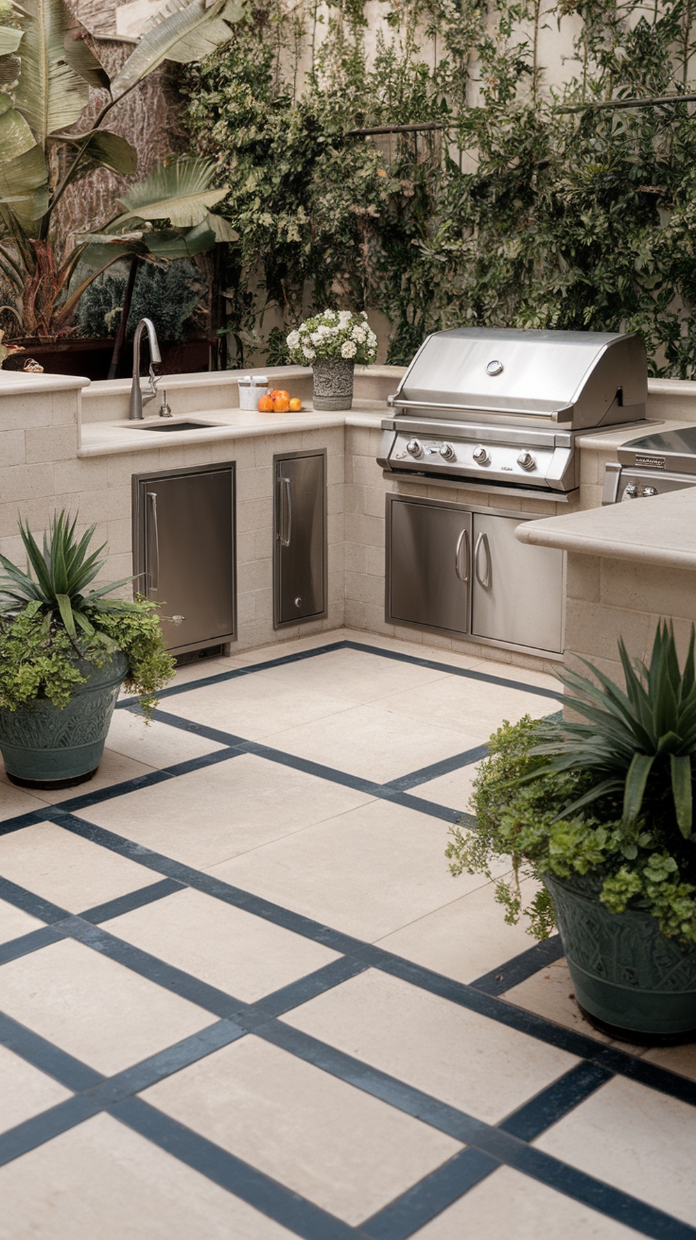 A modern outdoor kitchen with sleek tiles and lush greenery.