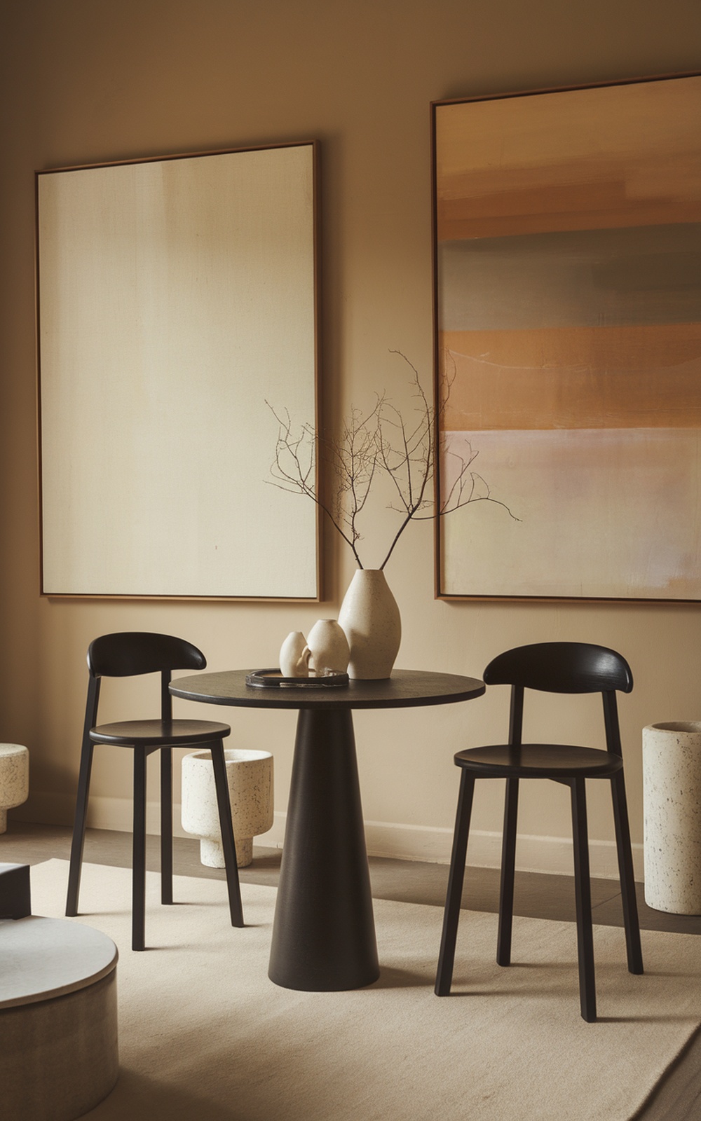 A modern living room featuring a Blu Dot Round Bar Table with minimalist decor.