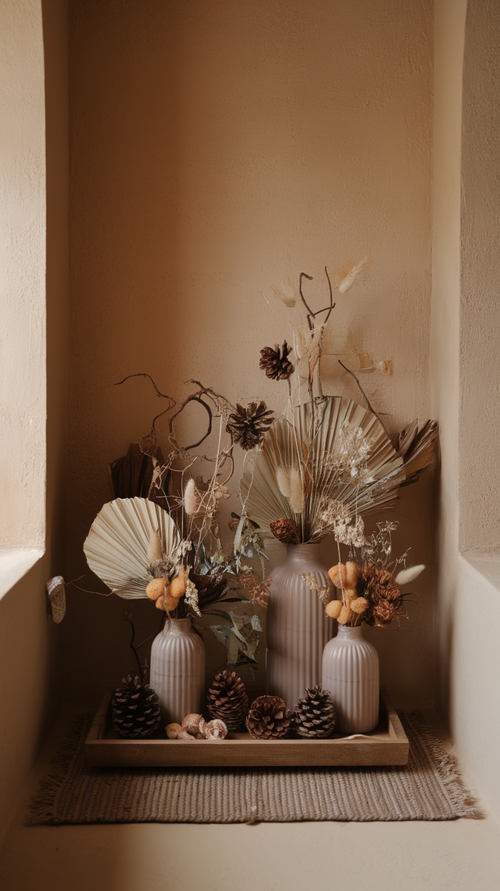 Nature-inspired bathroom decor with dried flowers, pinecones, and decorative vases arranged on a wooden tray.