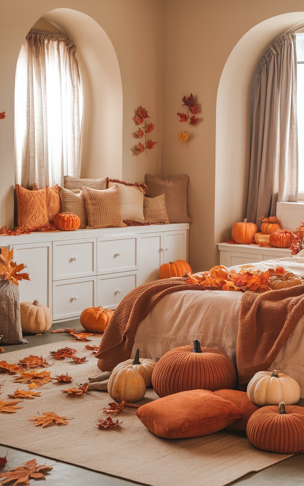 A cozy fall-themed bedroom with pumpkins, warm pillows, and autumn leaves.