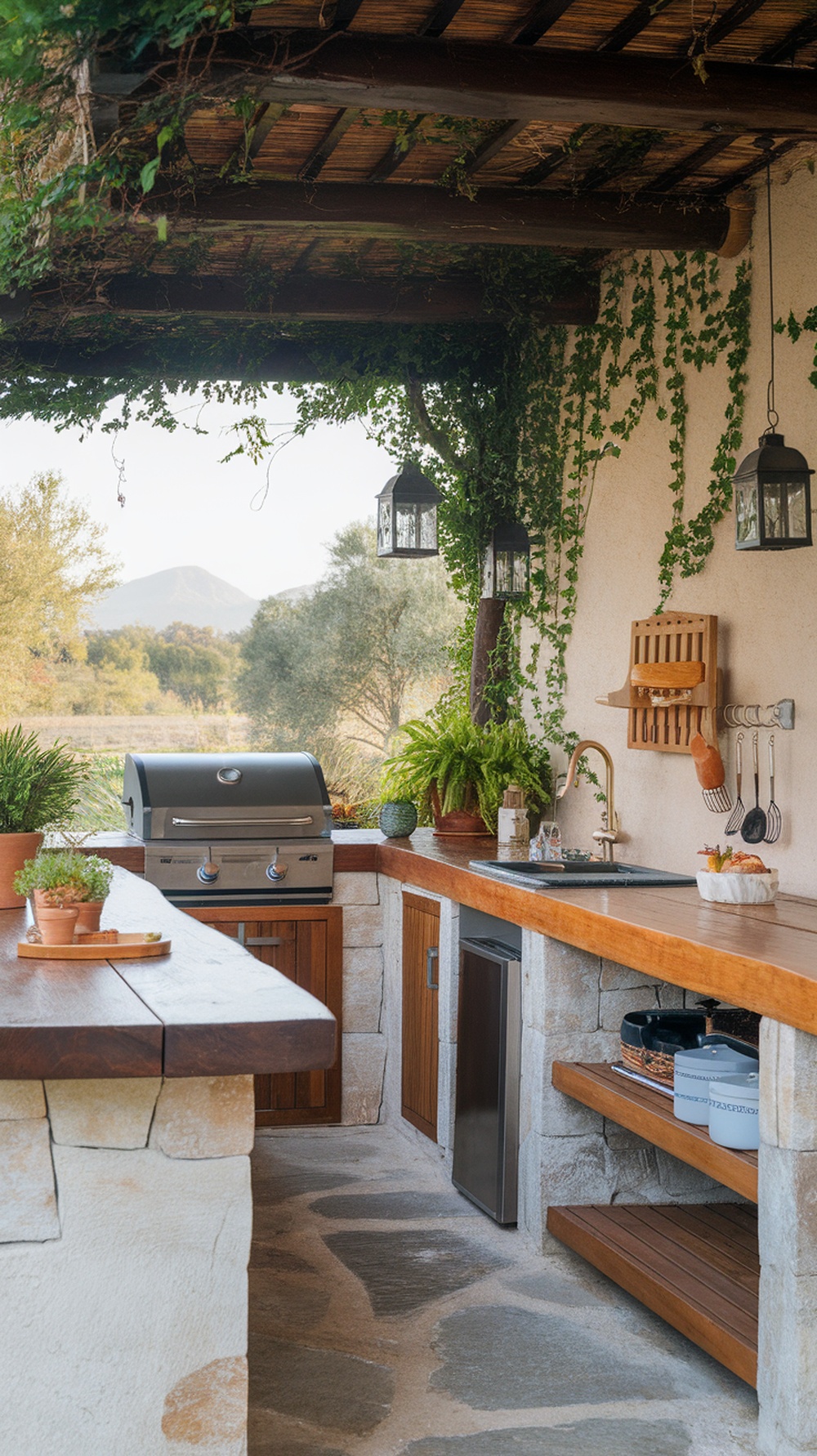 A beautifully designed outdoor kitchen featuring wooden countertops, stone accents, and lush greenery.