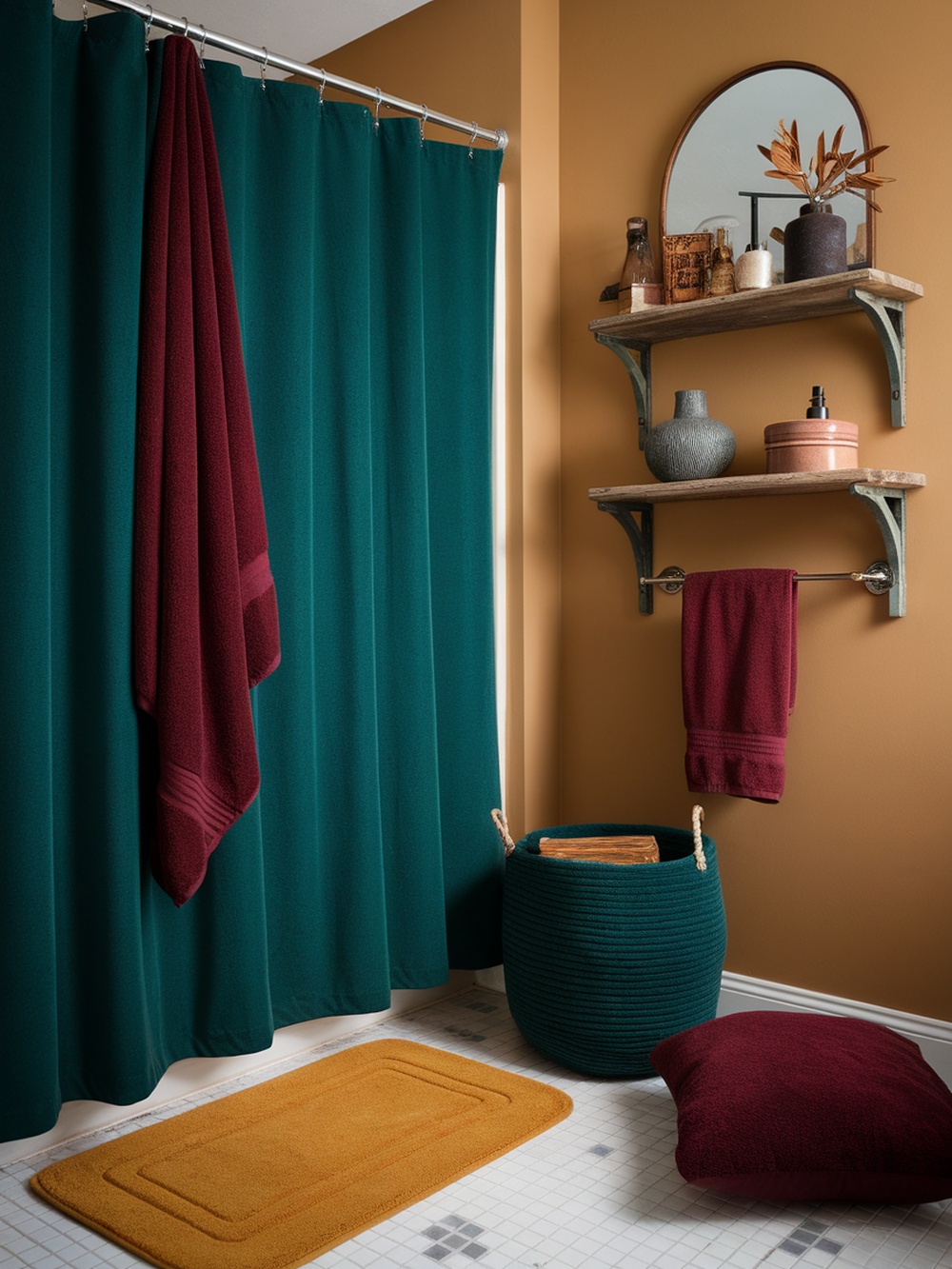 A cozy bathroom featuring teal shower curtains, burgundy towels, and a mustard yellow bath mat, creating a warm fall atmosphere.