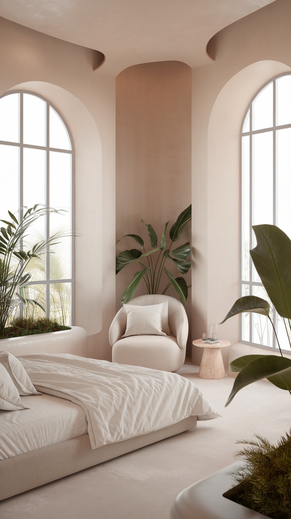 A serene bedroom with large windows, soft neutral tones, and plants, designed for relaxation.