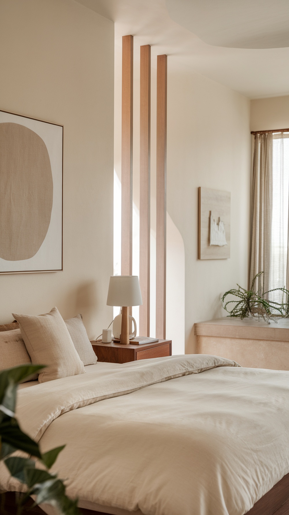A minimalist modern luxury bedroom featuring soft neutral tones and simple art.
