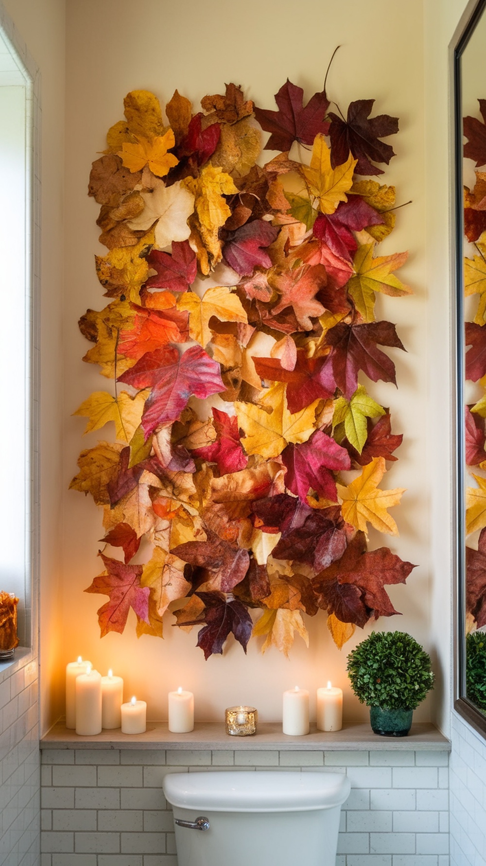 Colorful collage of autumn leaves on a bathroom wall with candles and greenery.