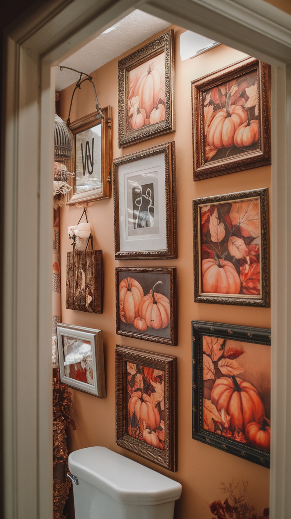 A cozy bathroom with a gallery wall featuring framed art of pumpkins and autumn leaves.