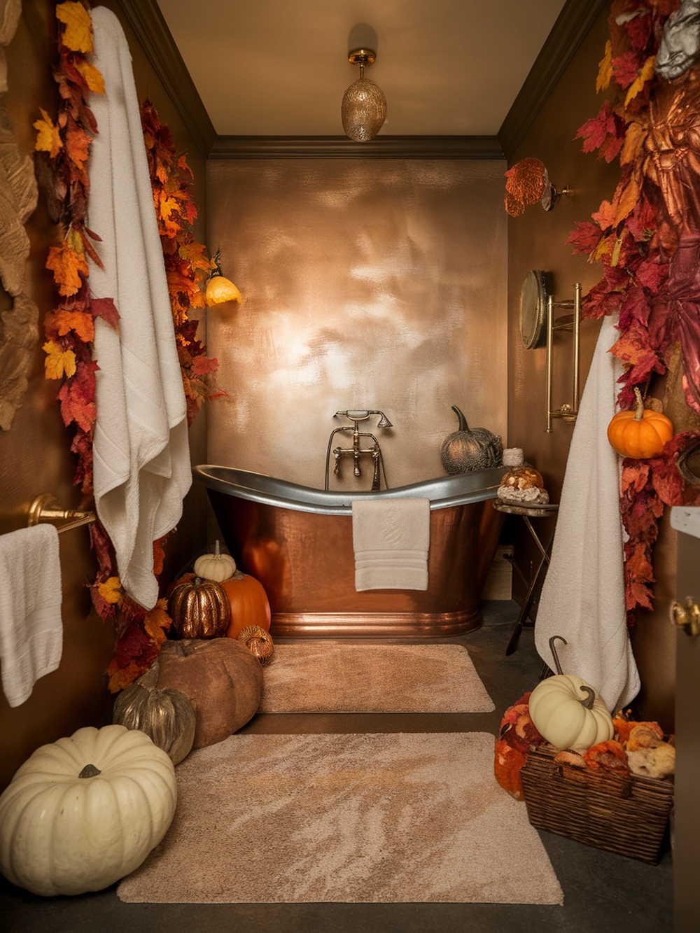 A cozy fall bathroom featuring a copper bathtub, autumn leaves, and pumpkins.