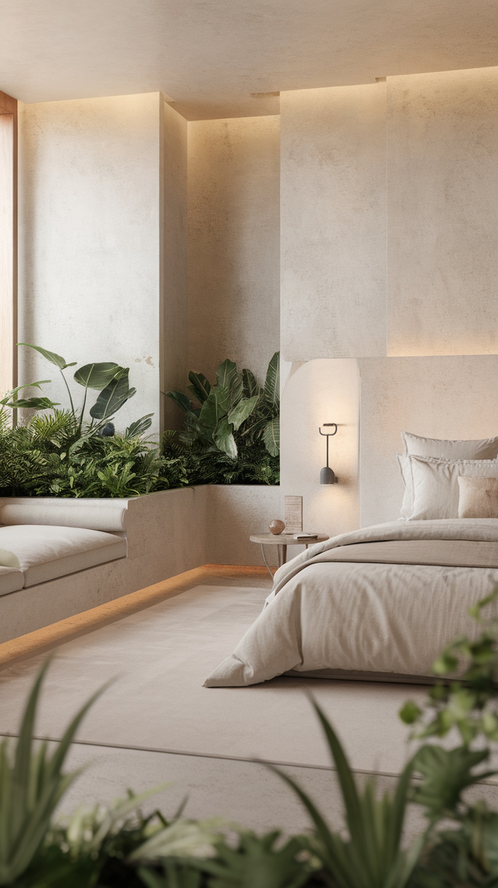 A modern luxury bedroom featuring neutral tones, clean lines, and abundant greenery, showcasing sustainable minimalism.