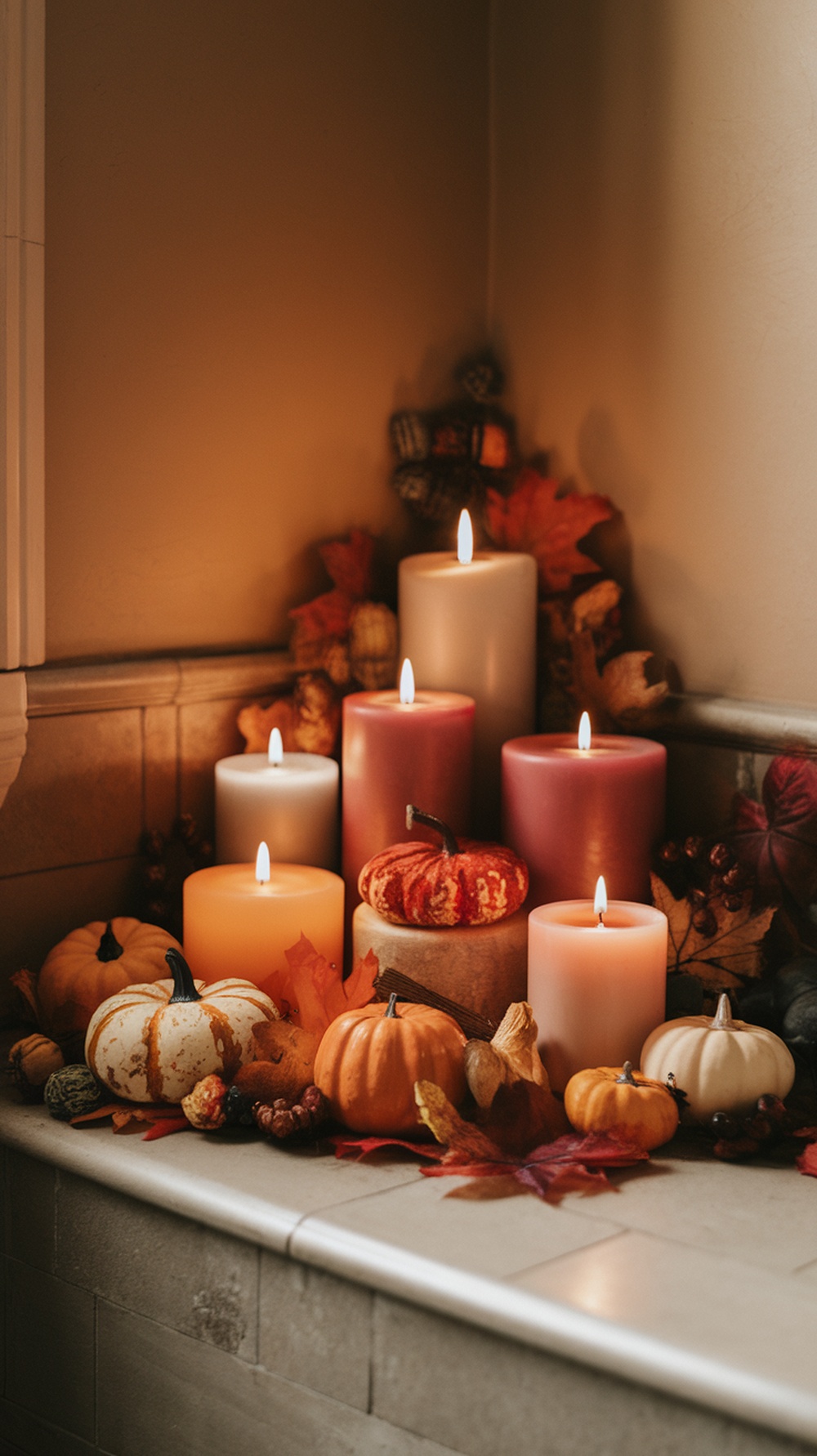 A cozy candle display with various candles and pumpkins, creating a warm fall atmosphere.