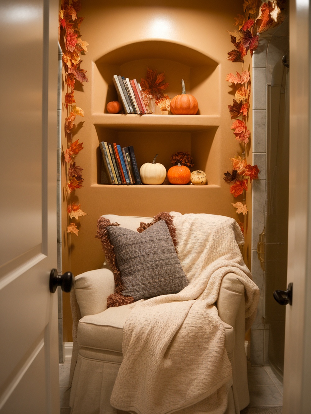 Cozy reading nook in a bathroom with a chair, blanket, books, and fall decor.