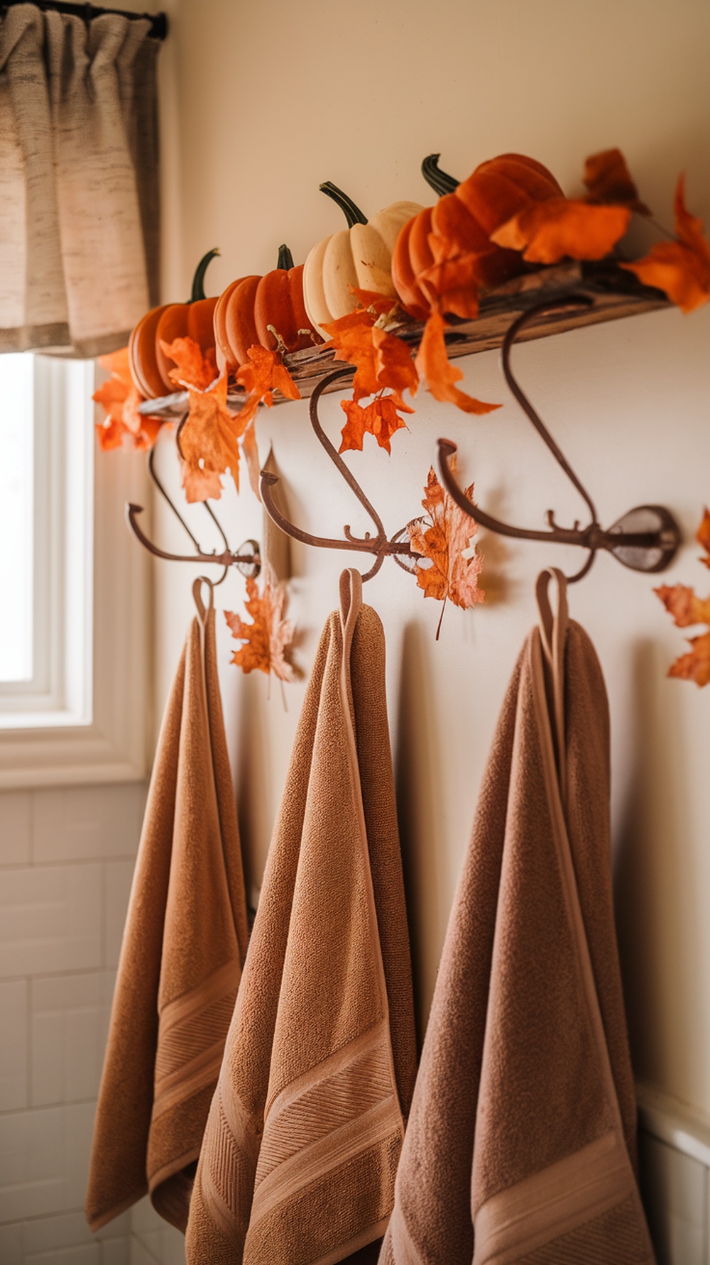 A bathroom wall with a decorative rack holding towels and adorned with pumpkins and autumn leaves.