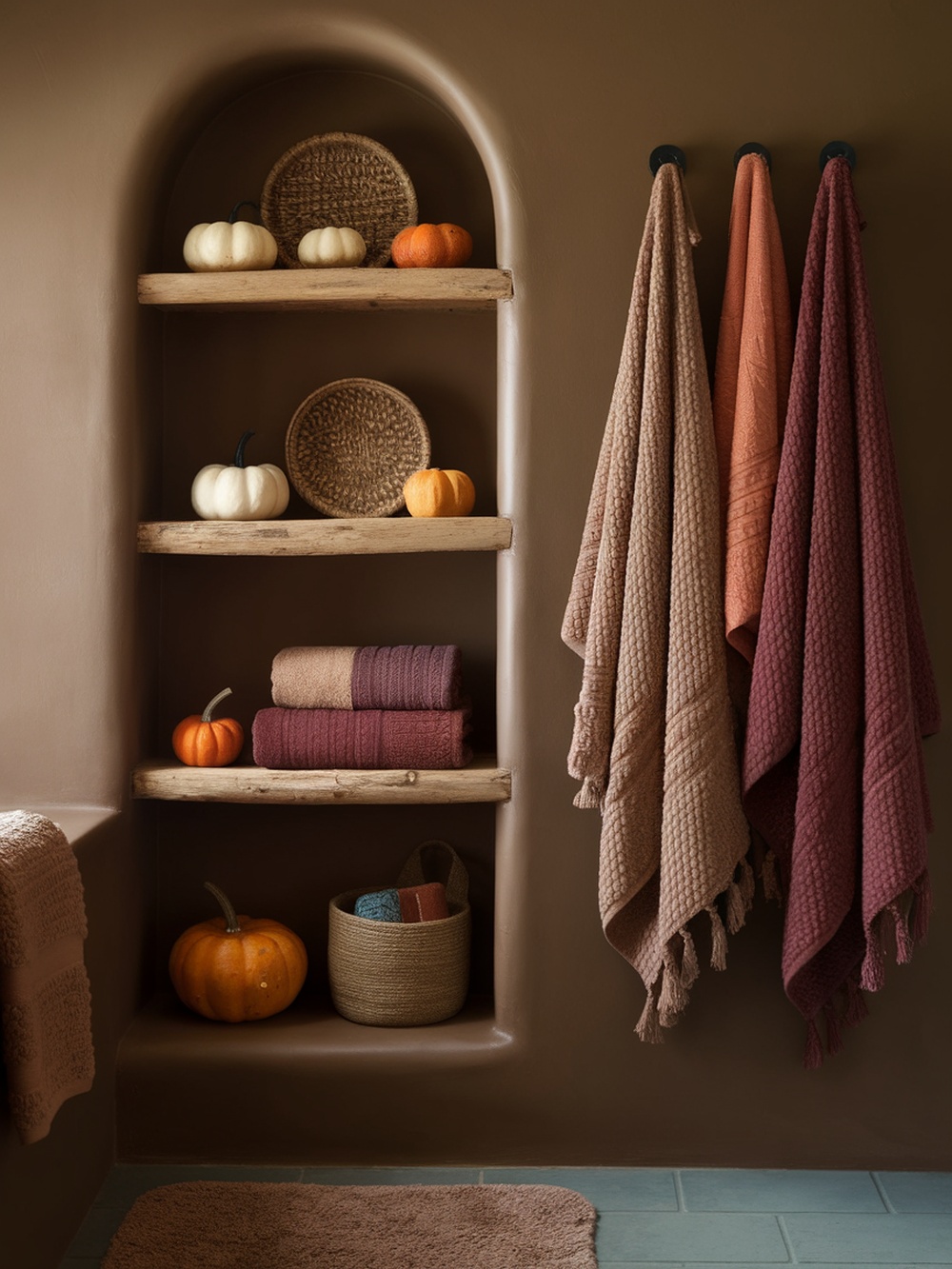 Cozy fall bathroom decor featuring earthy tones, pumpkins, and soft towels.