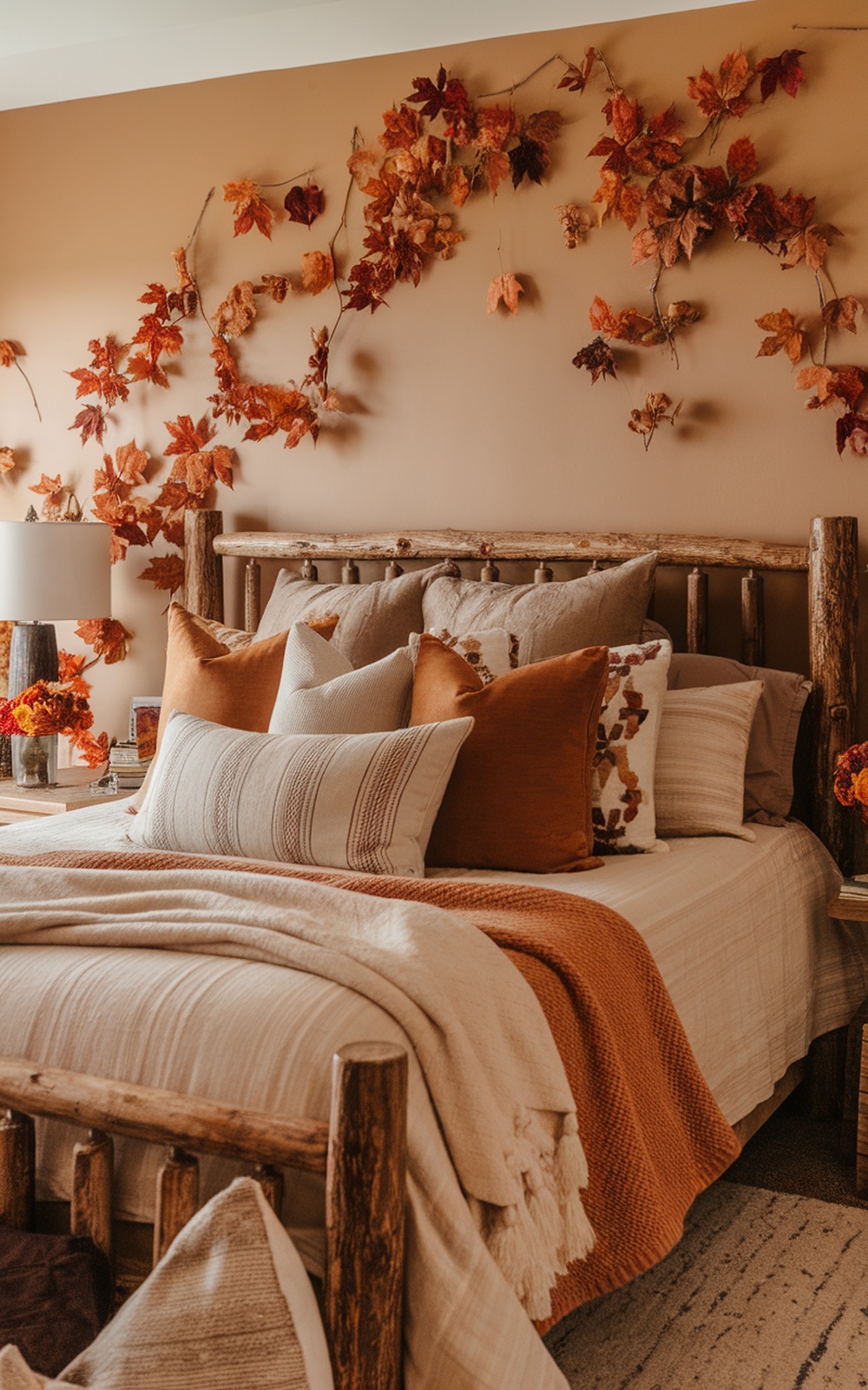 A cozy fall bedroom featuring earthy tones, a wooden bed frame, and decorative pillows in warm colors.