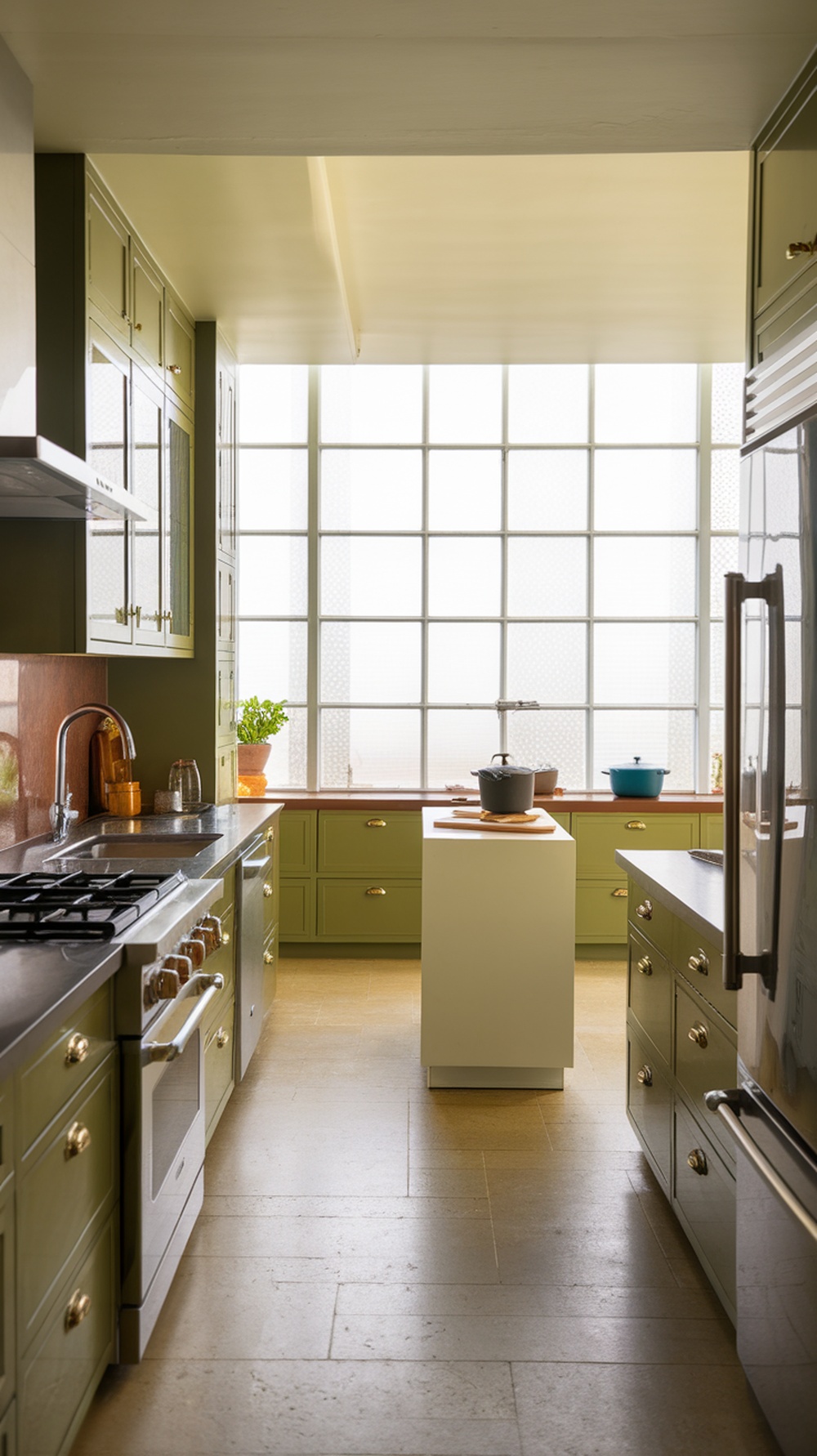 Modern kitchen featuring olive green cabinets, large windows, and a sleek countertop.