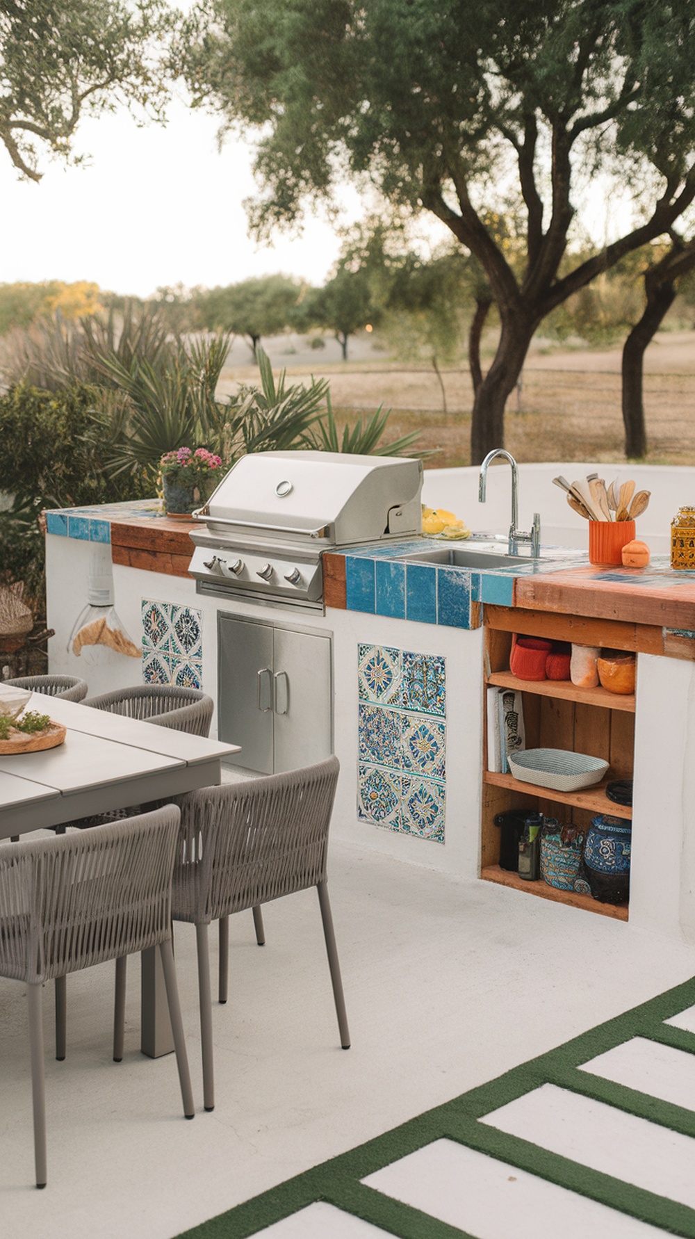 A stylish outdoor kitchen featuring a grill, colorful tiled countertops, and a wooden bar area.