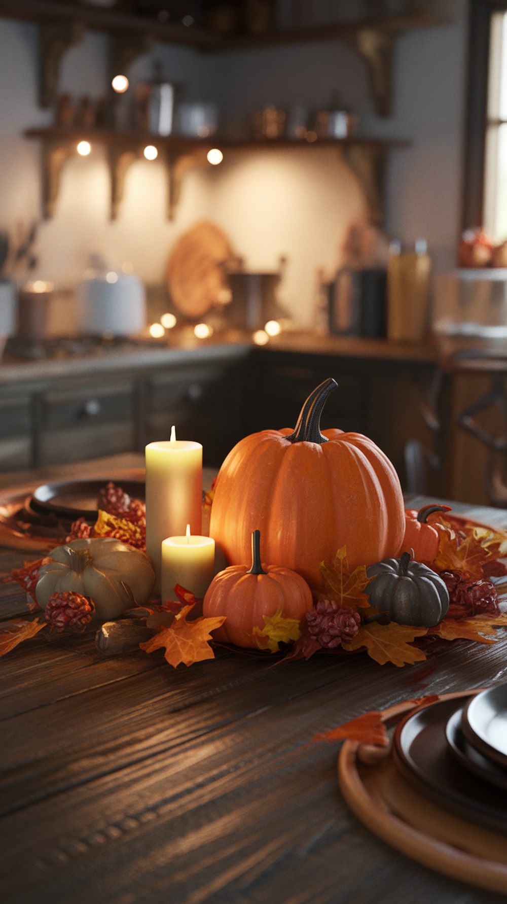 A cozy kitchen table decorated with pumpkins, candles, and autumn leaves for fall decor.
