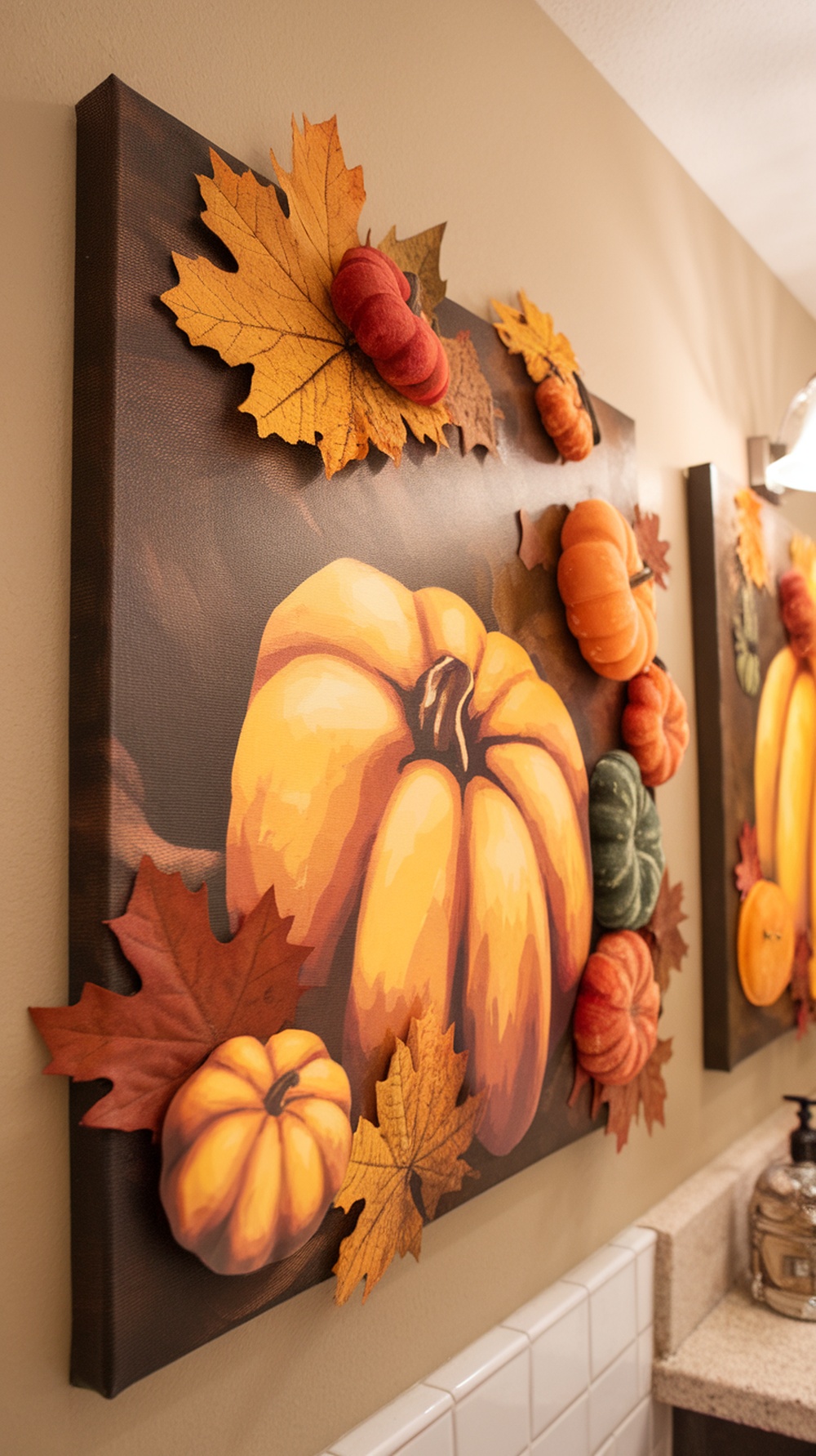 Canvas art featuring pumpkins and autumn leaves for fall bathroom decor