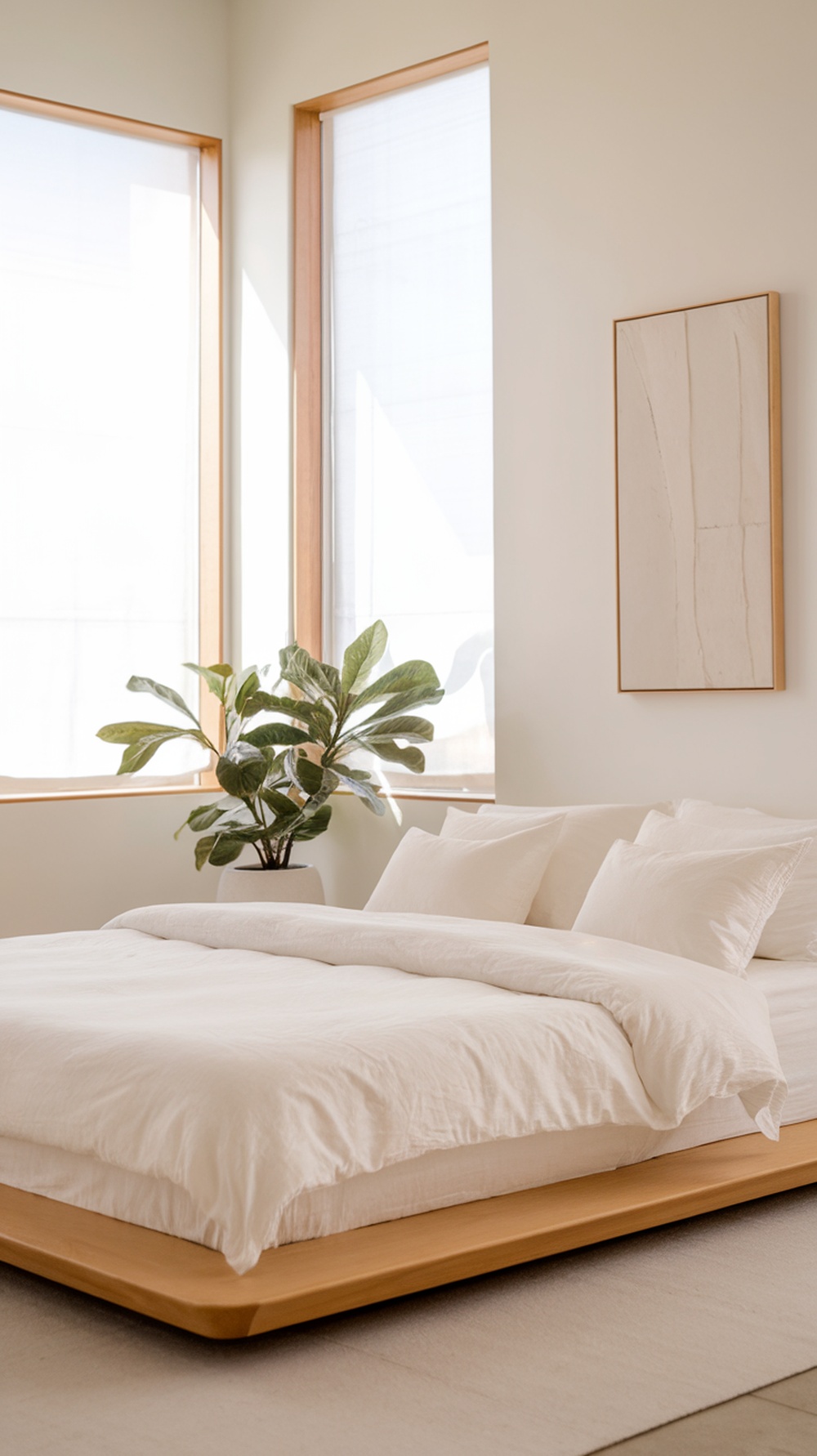 A minimalist modern luxury bedroom with a wooden bed, neutral bedding, and large windows.