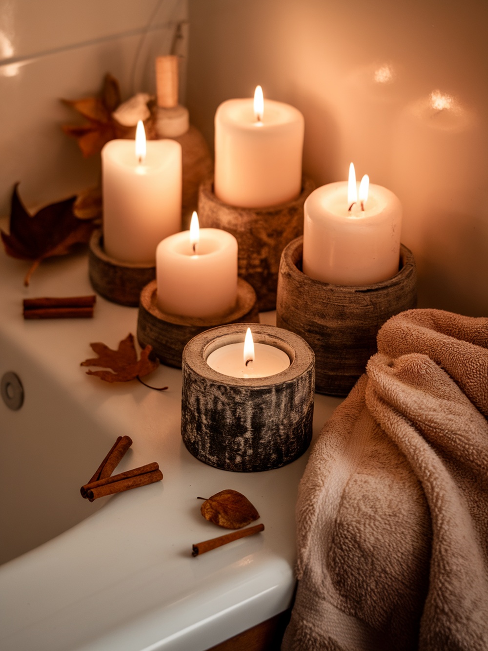 A cozy fall bathroom scene with candles, cinnamon sticks, and autumn leaves.