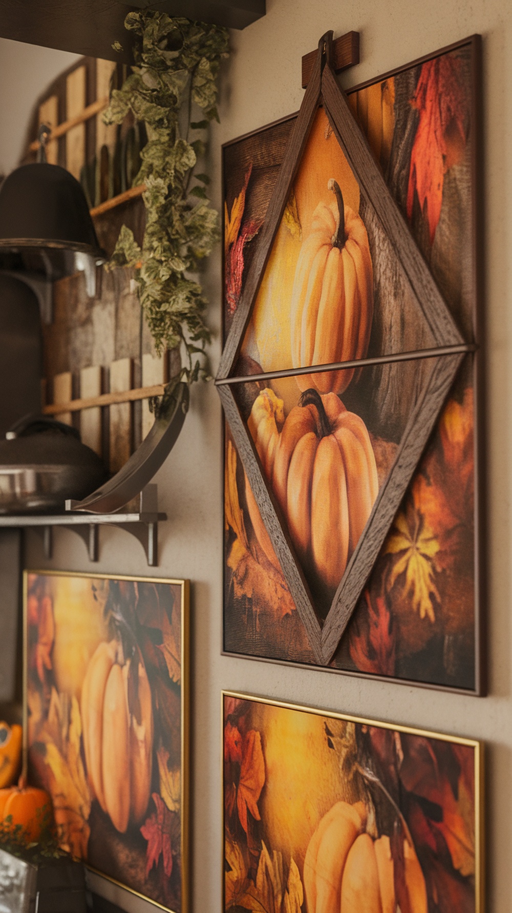 A cozy kitchen wall decorated with seasonal art featuring pumpkins and autumn leaves.