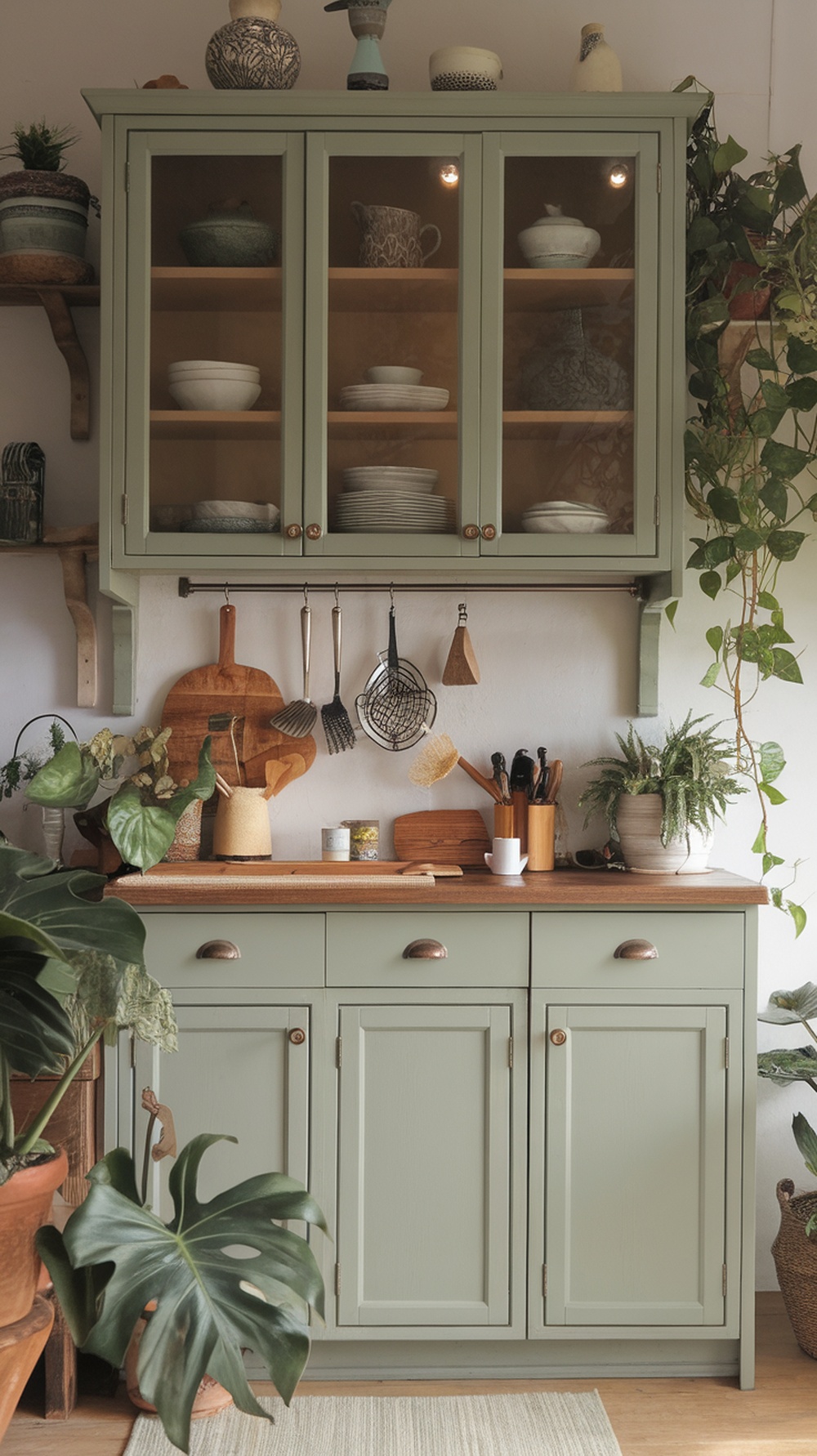 A kitchen featuring earthy sage green cabinets with glass doors, wooden countertop, and plants for a calming atmosphere.