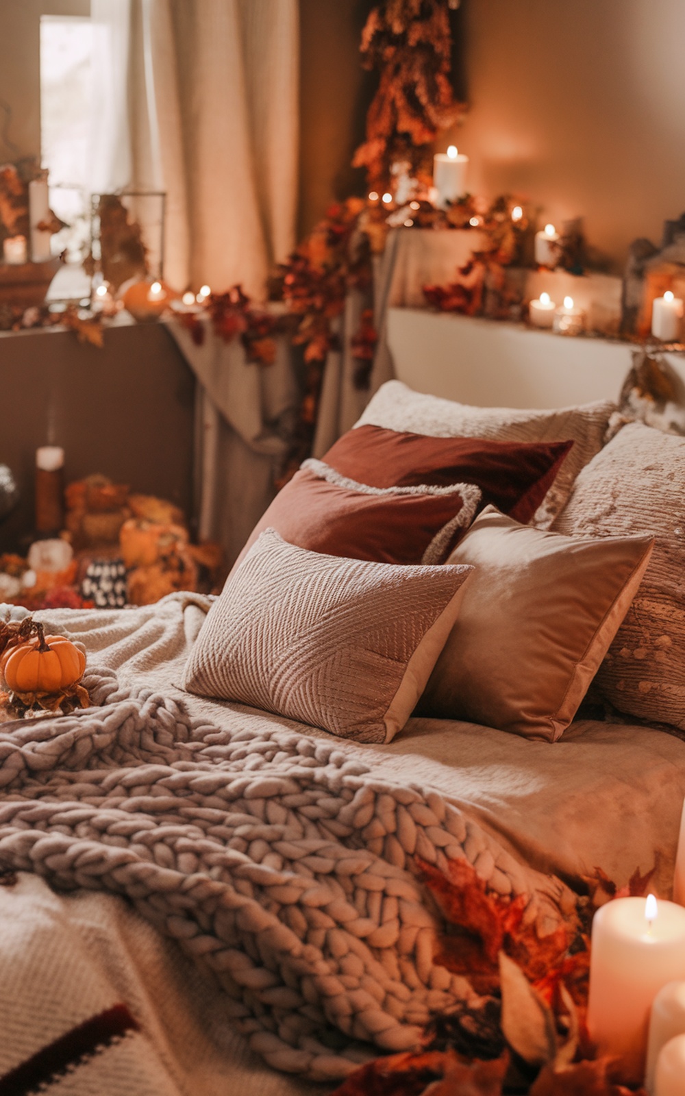 A cozy fall bedroom with layered textures, featuring a bed with various pillows, a chunky knit blanket, and warm candlelight.