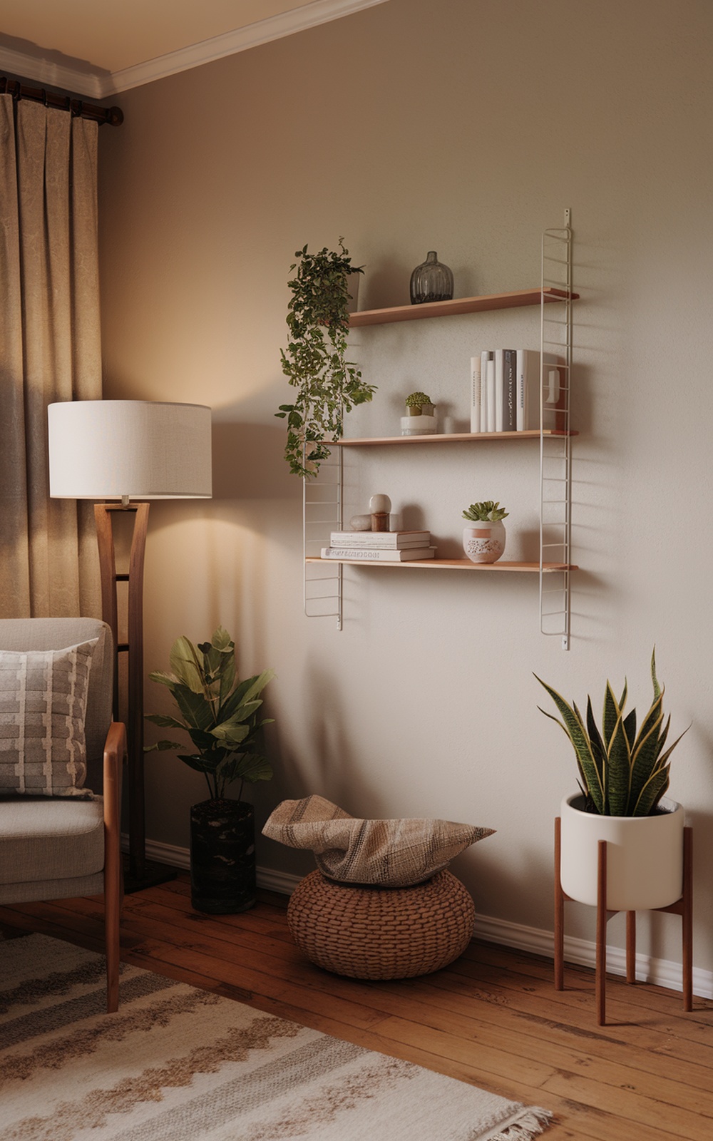 A modern living room featuring a Muji wall mounted shelf with plants and decorative items.