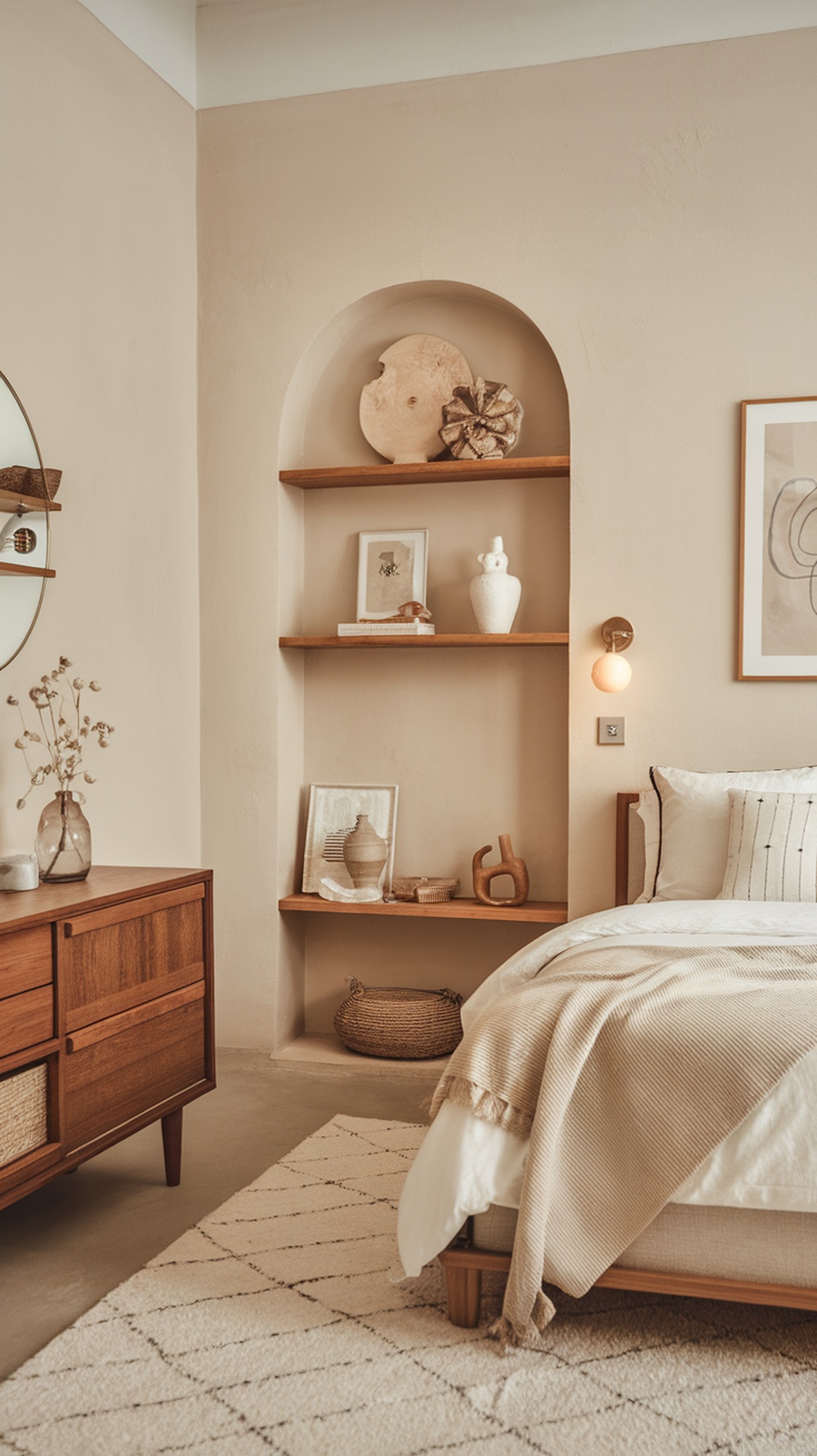 A Scandinavian chic bedroom featuring neutral tones, wooden furniture, and cozy decor.