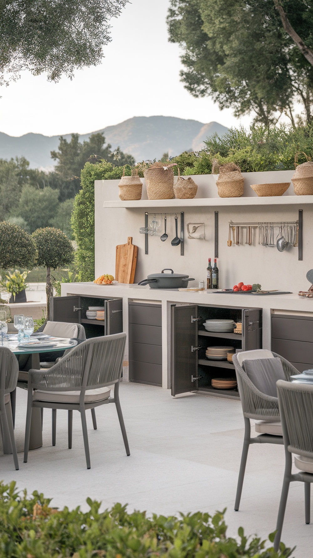 Stylish outdoor kitchen with organized storage solutions, featuring open shelves and closed cabinets.