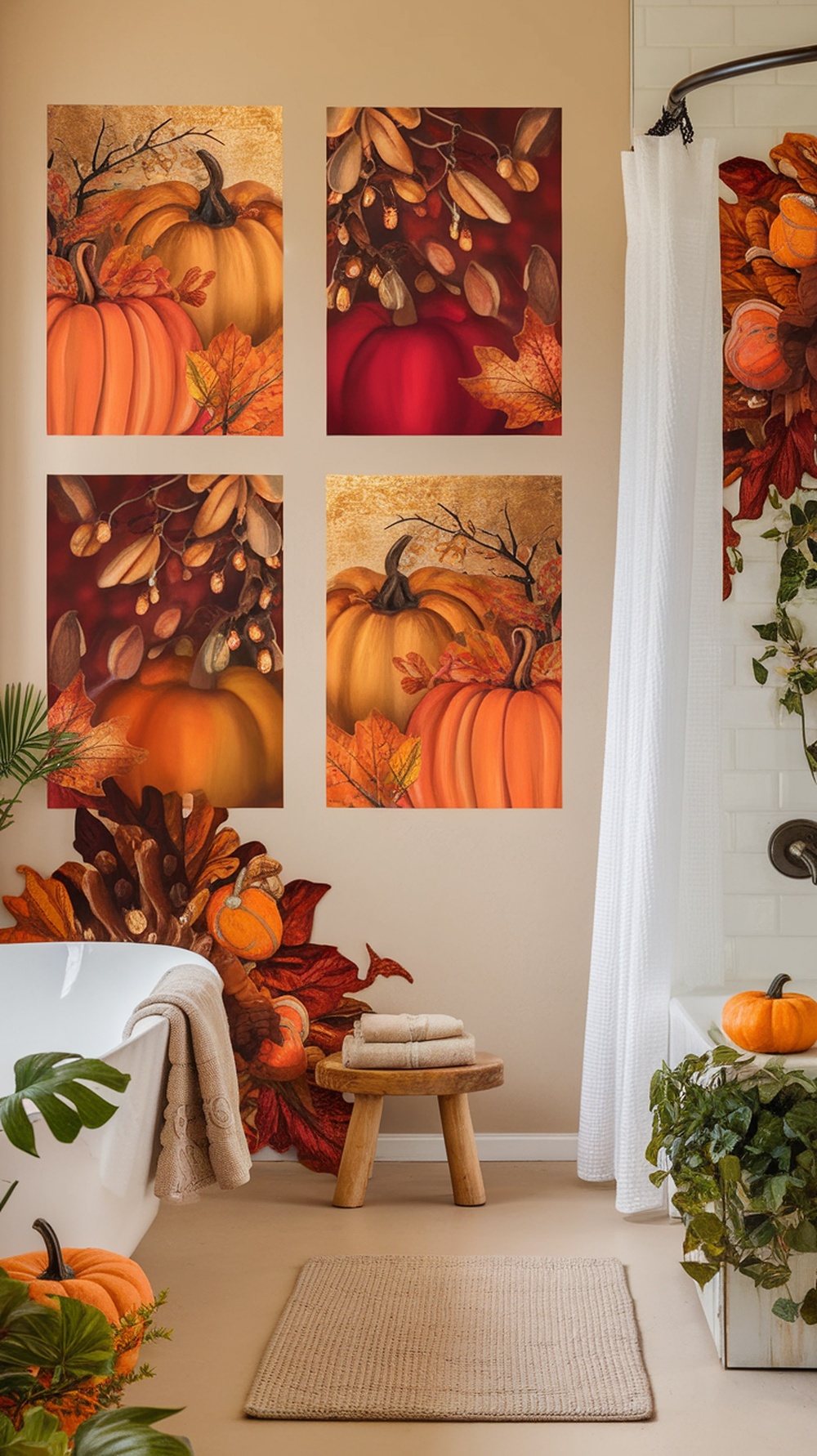 Autumn-inspired wall art prints featuring pumpkins and leaves in a cozy bathroom setting.