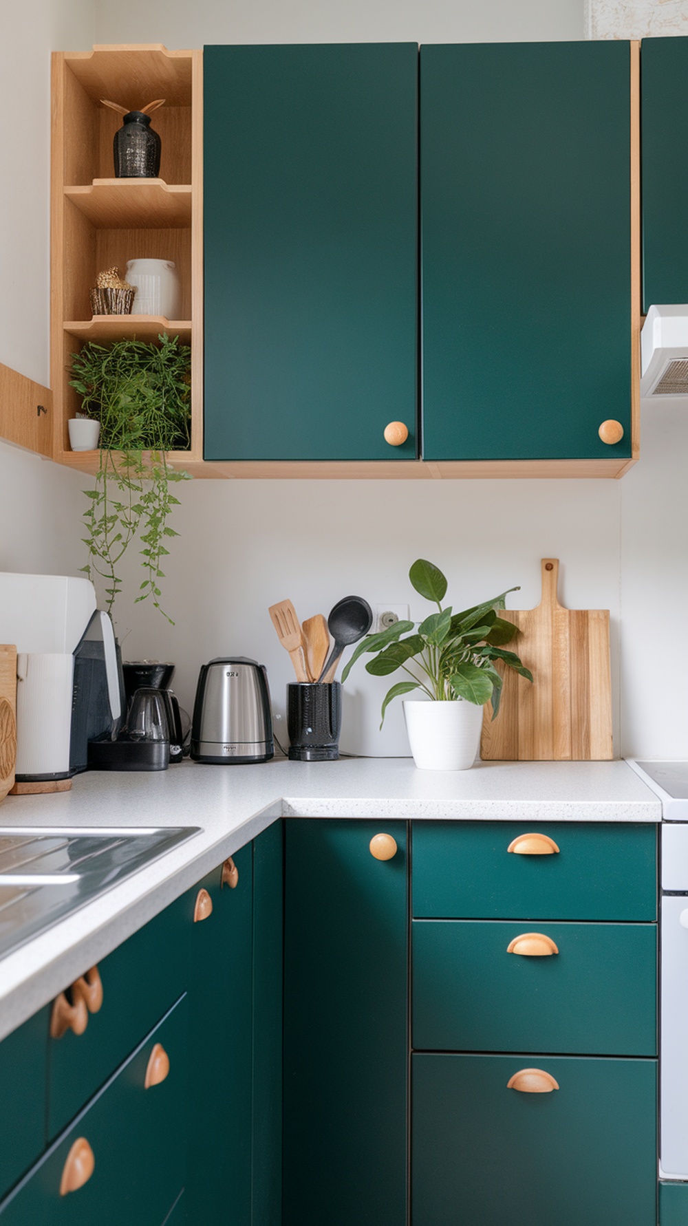 A modern kitchen featuring deep forest green cabinets with wooden accents and plants.