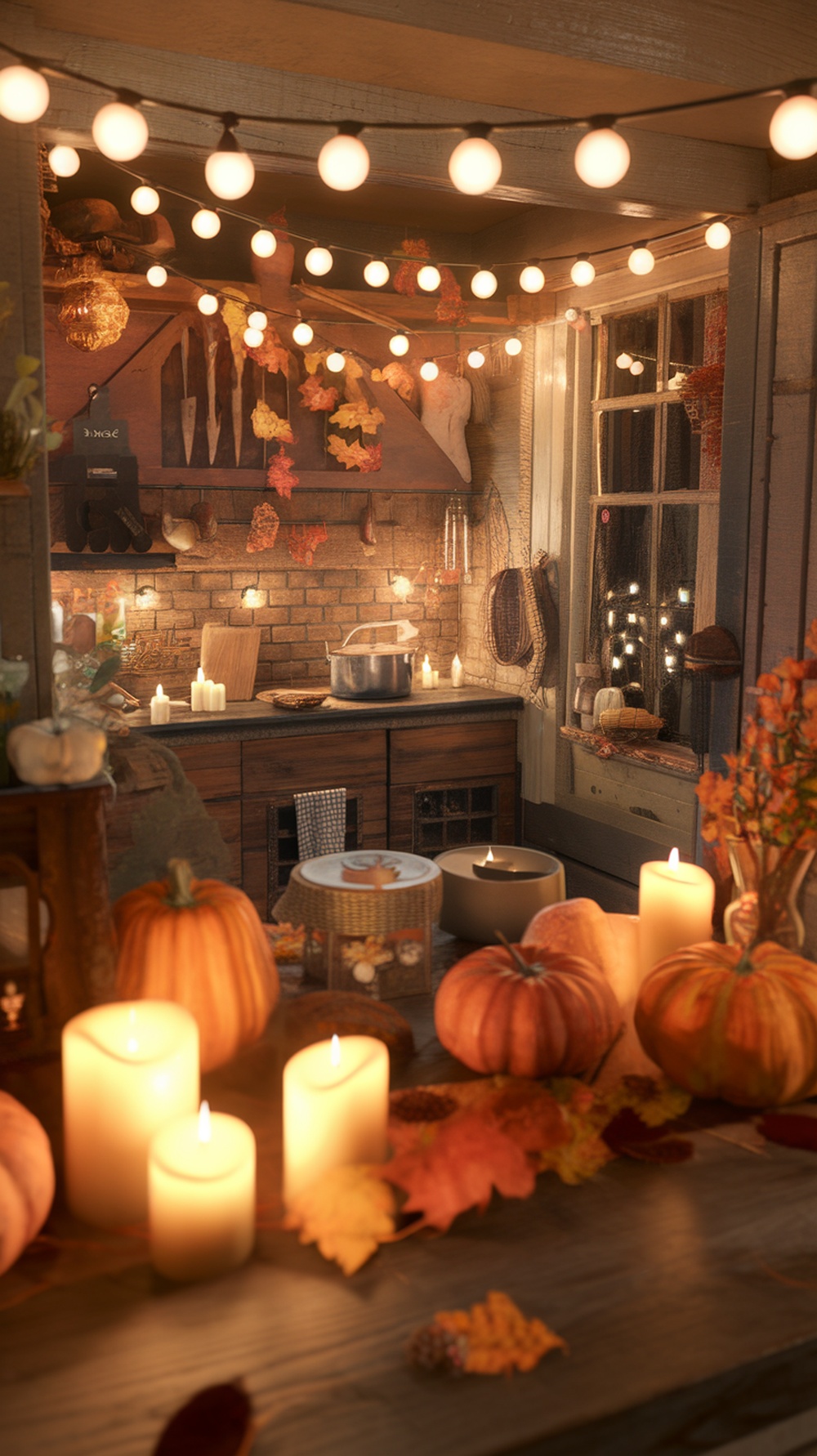 A cozy kitchen decorated for fall with warm lighting, pumpkins, and candles.