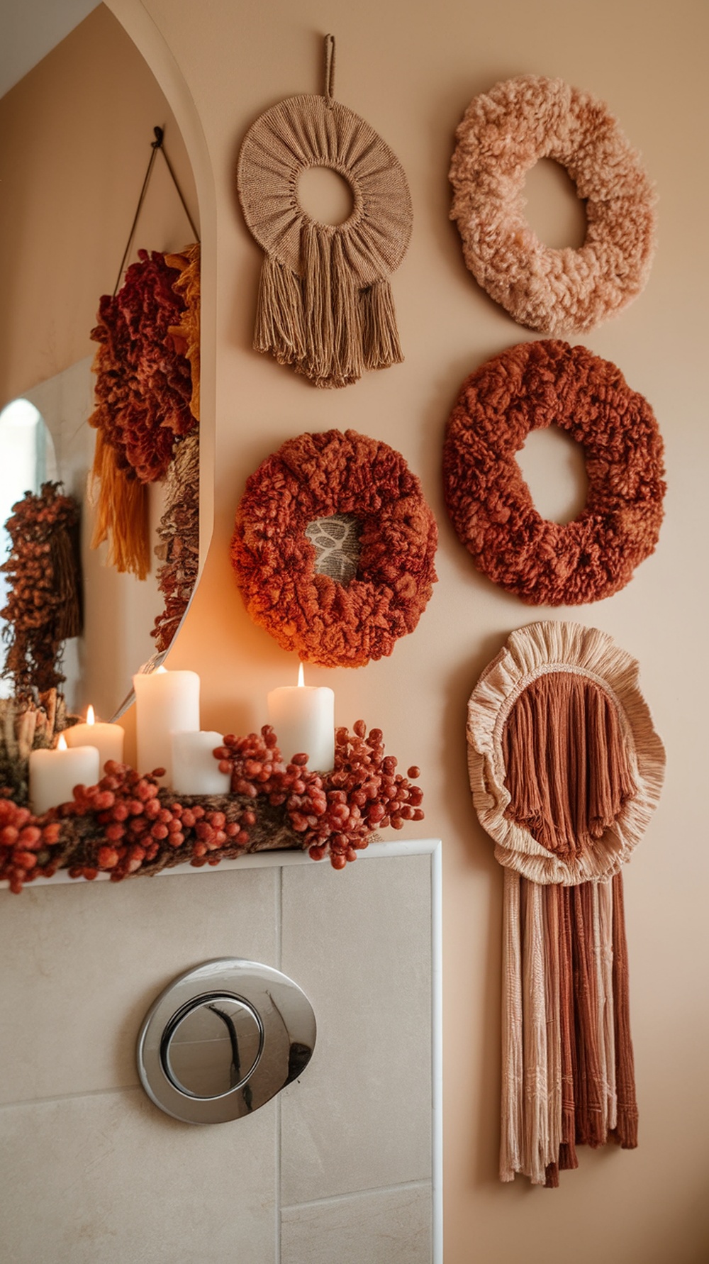 Cozy fall bathroom wall decor with textured fabric hangings and candles