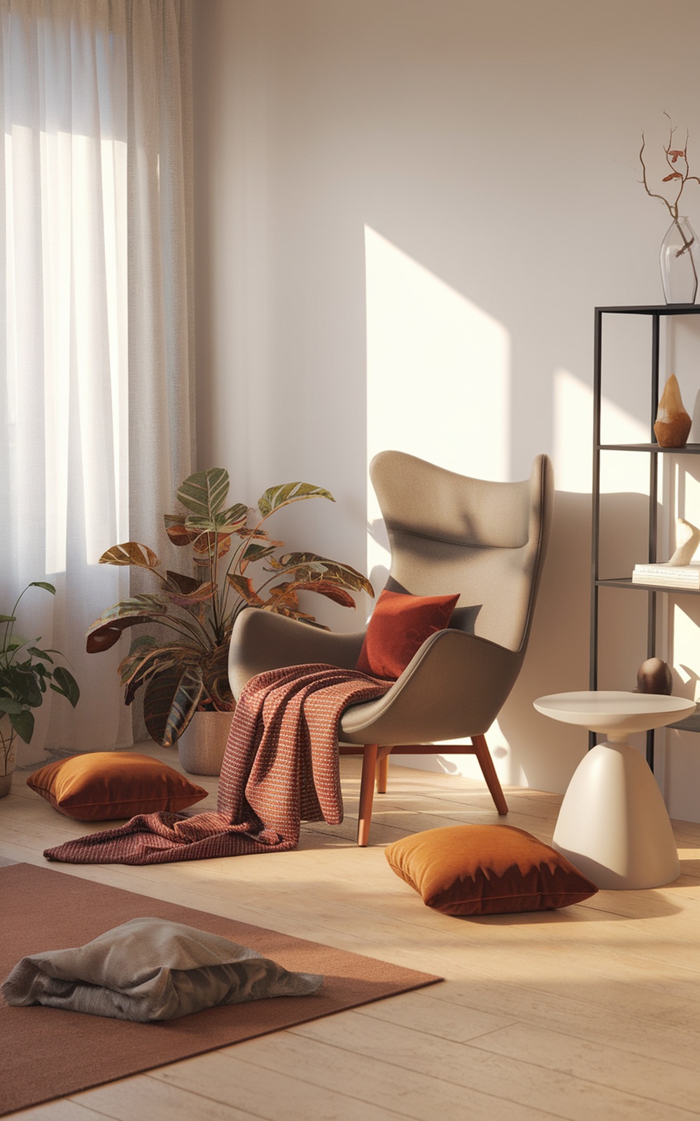 A cozy living room featuring the Hay J104 Chair with warm cushions and throws, surrounded by plants and a minimalist decor.
