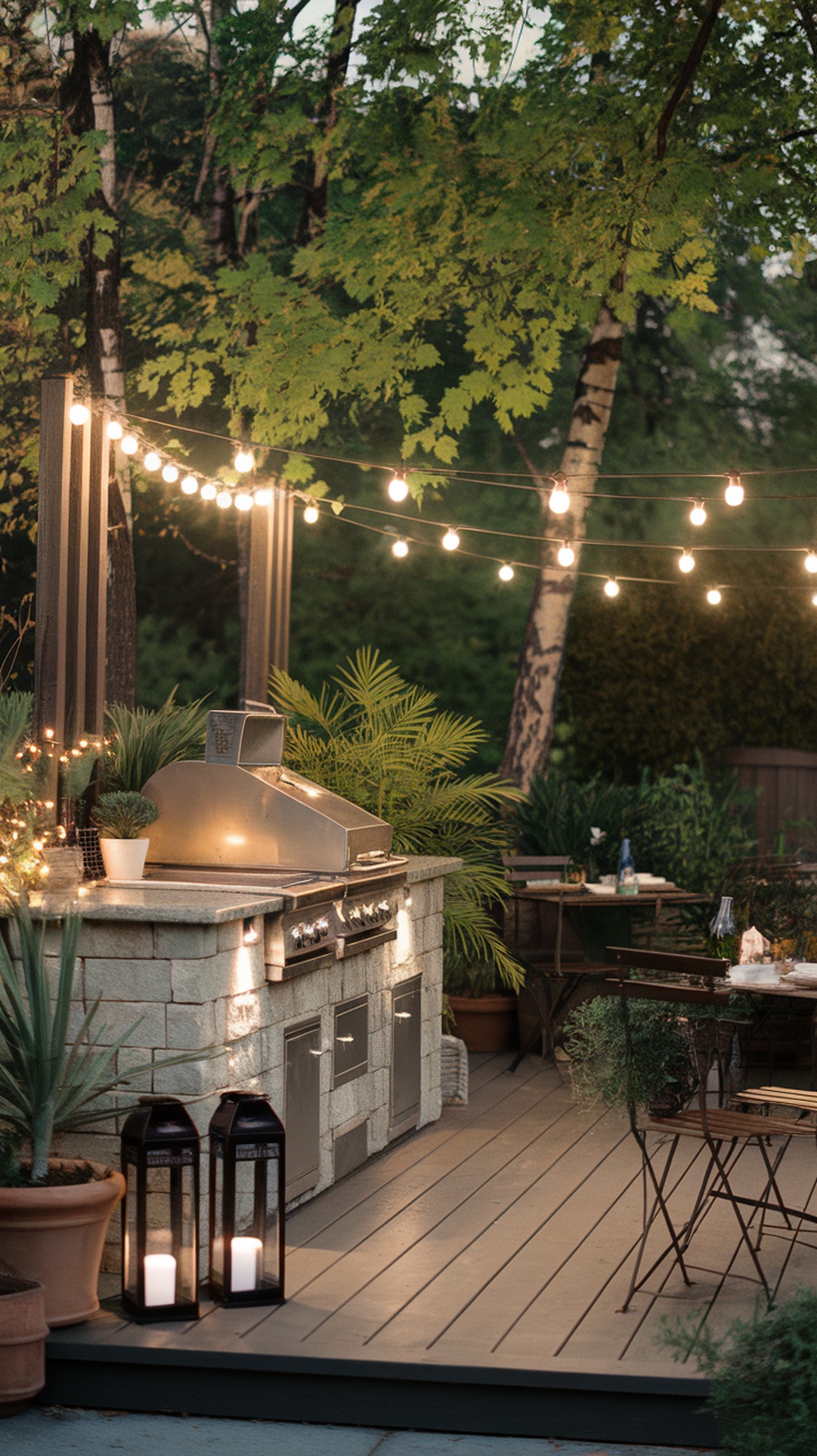 An outdoor kitchen area illuminated with string lights and lanterns, featuring a grill and seating.