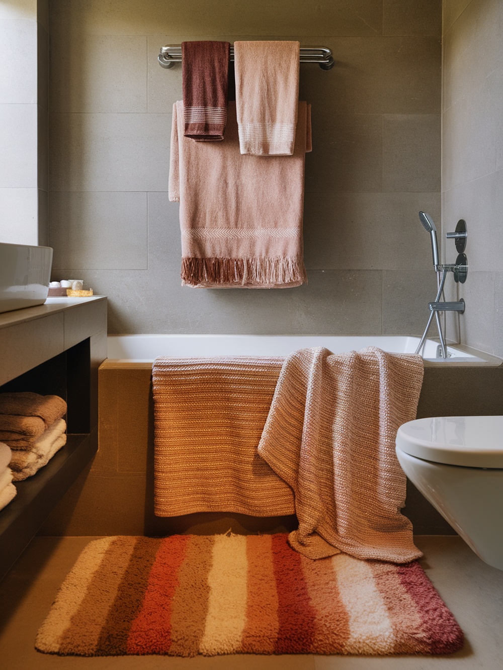 Cozy bathroom with warm towels and a striped rug