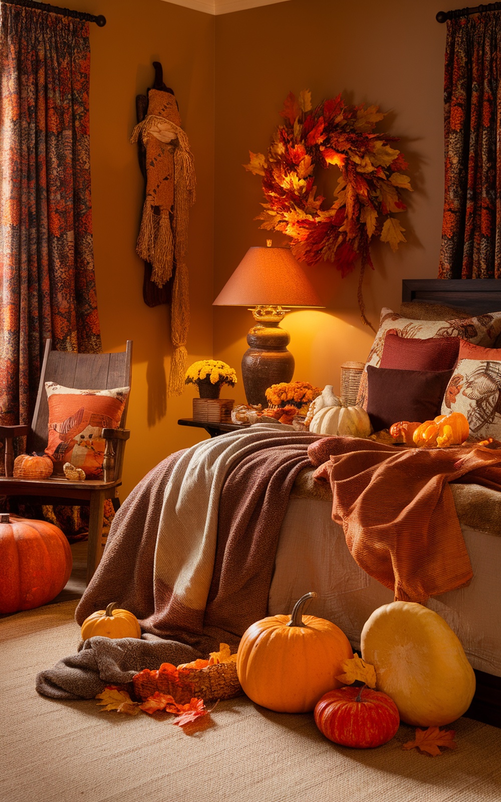 A cozy fall-themed bedroom with warm lighting, pumpkins, and autumn decor.